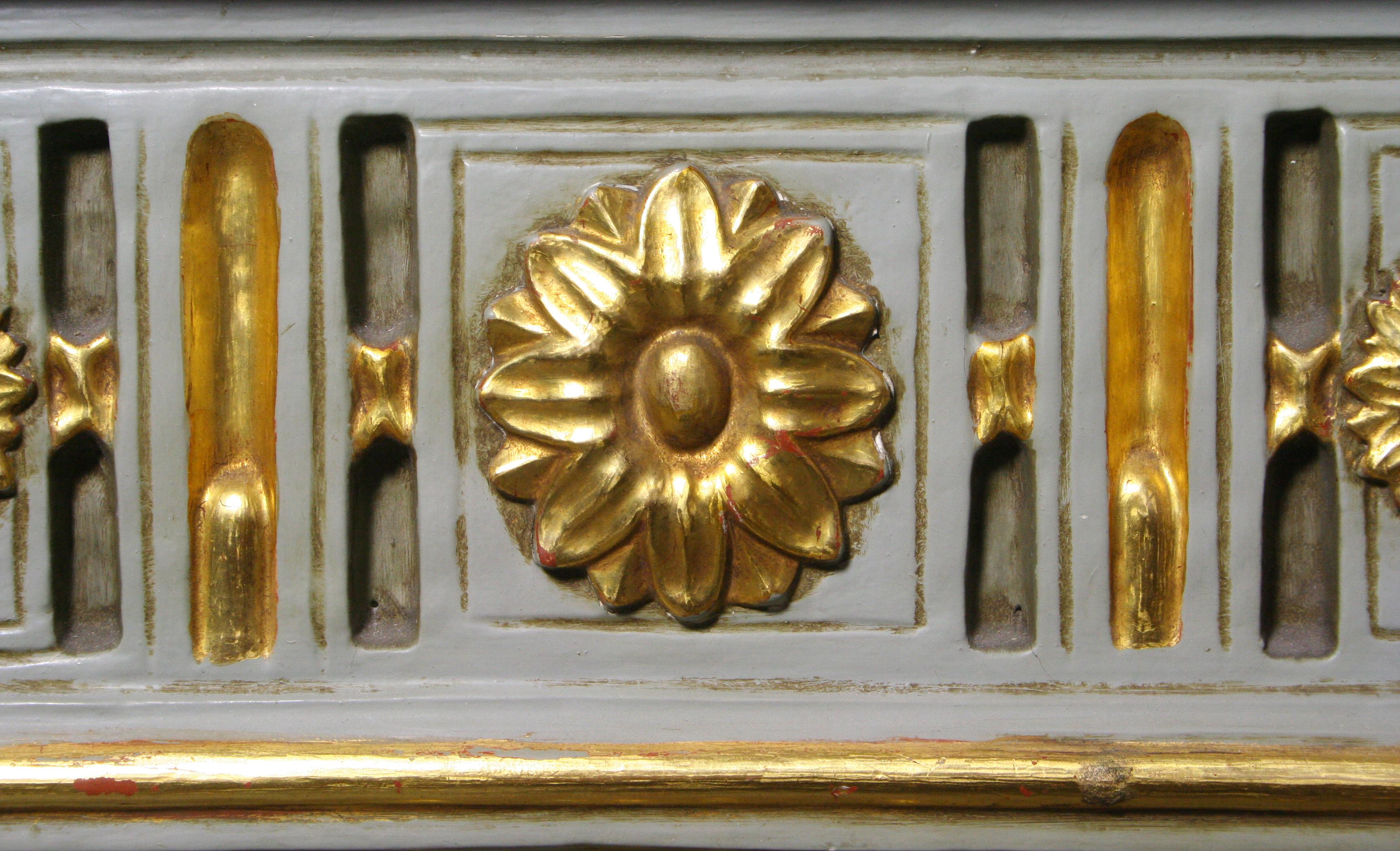 Wood French Painted and Carved Gilt Console Table with Rose Marble Top 19th Century For Sale