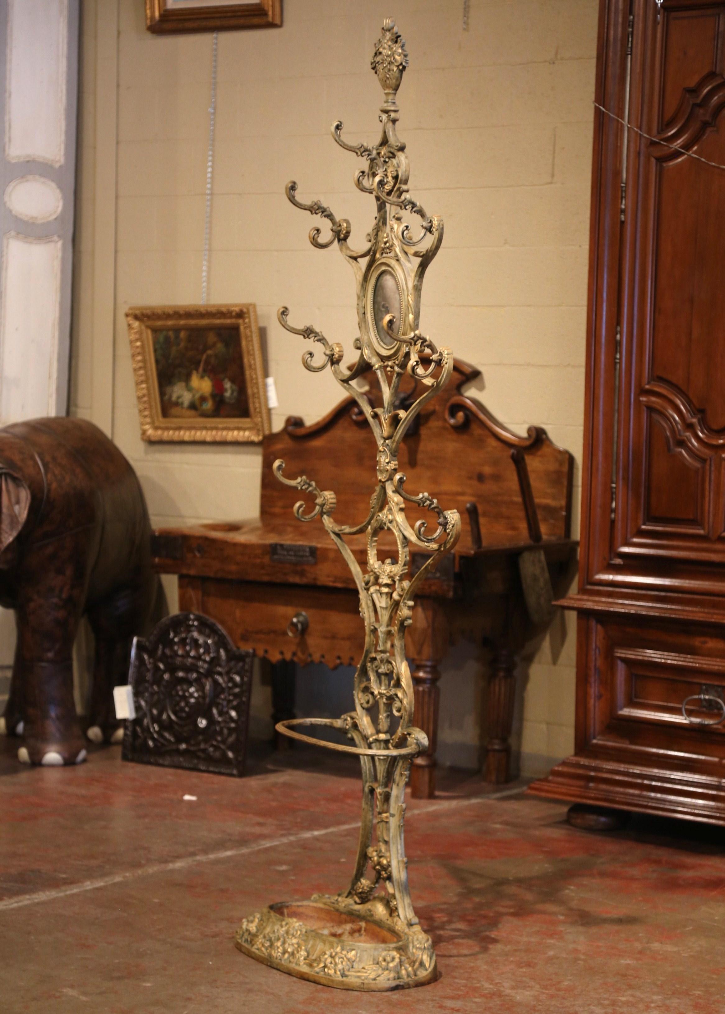 Place this elegant antique hall tree in an entry or a mud room to catch coats, hats and umbrellas. Crafted in France circa 1870, and signed on the bottom 