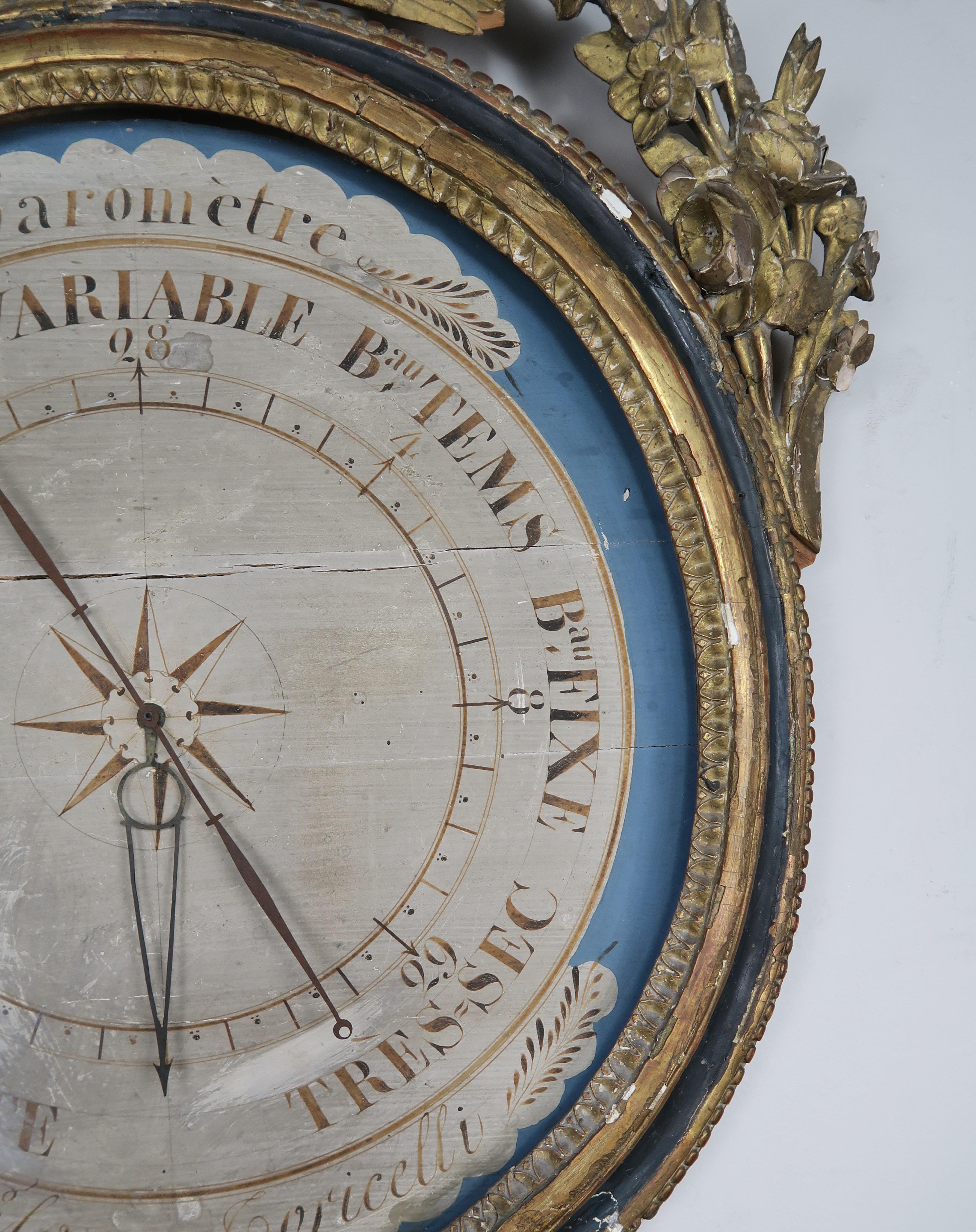 19th Century French Painted and Gilt Wood Barometer 'Barometre' In Distressed Condition In Los Angeles, CA