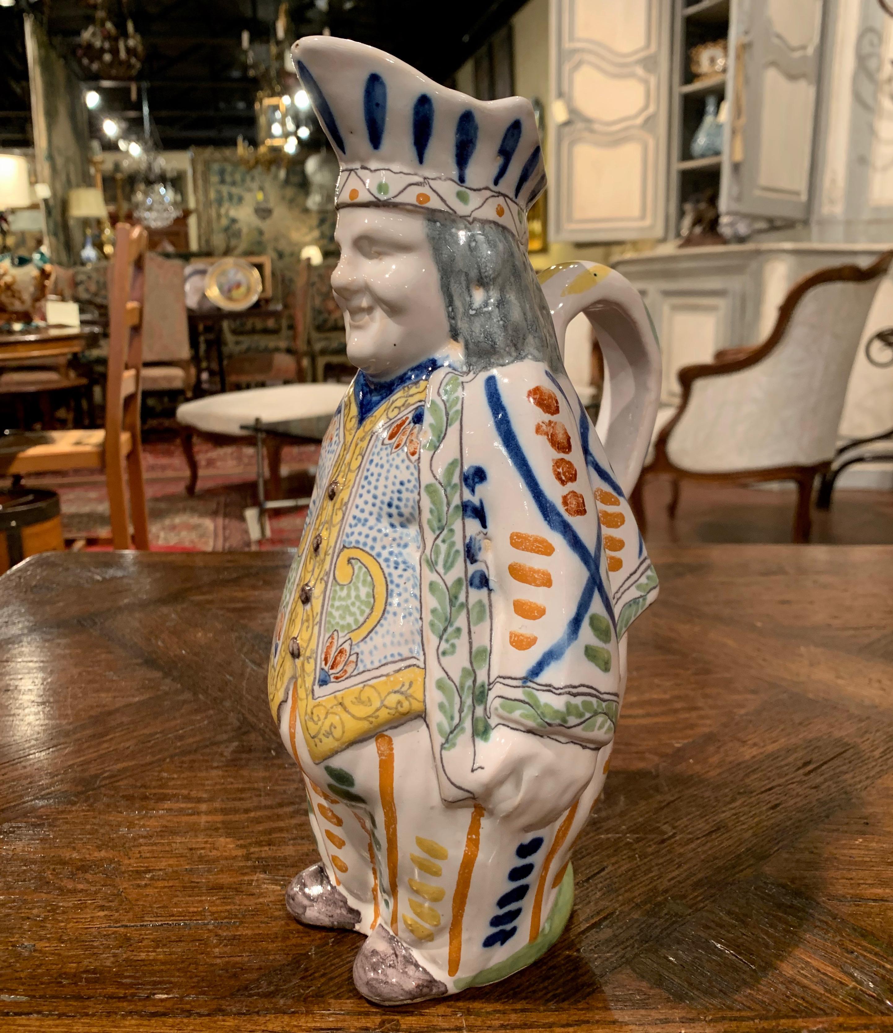 19th Century French Painted Barbotine Ceramic Chef Pitcher in Uniform In Excellent Condition In Dallas, TX