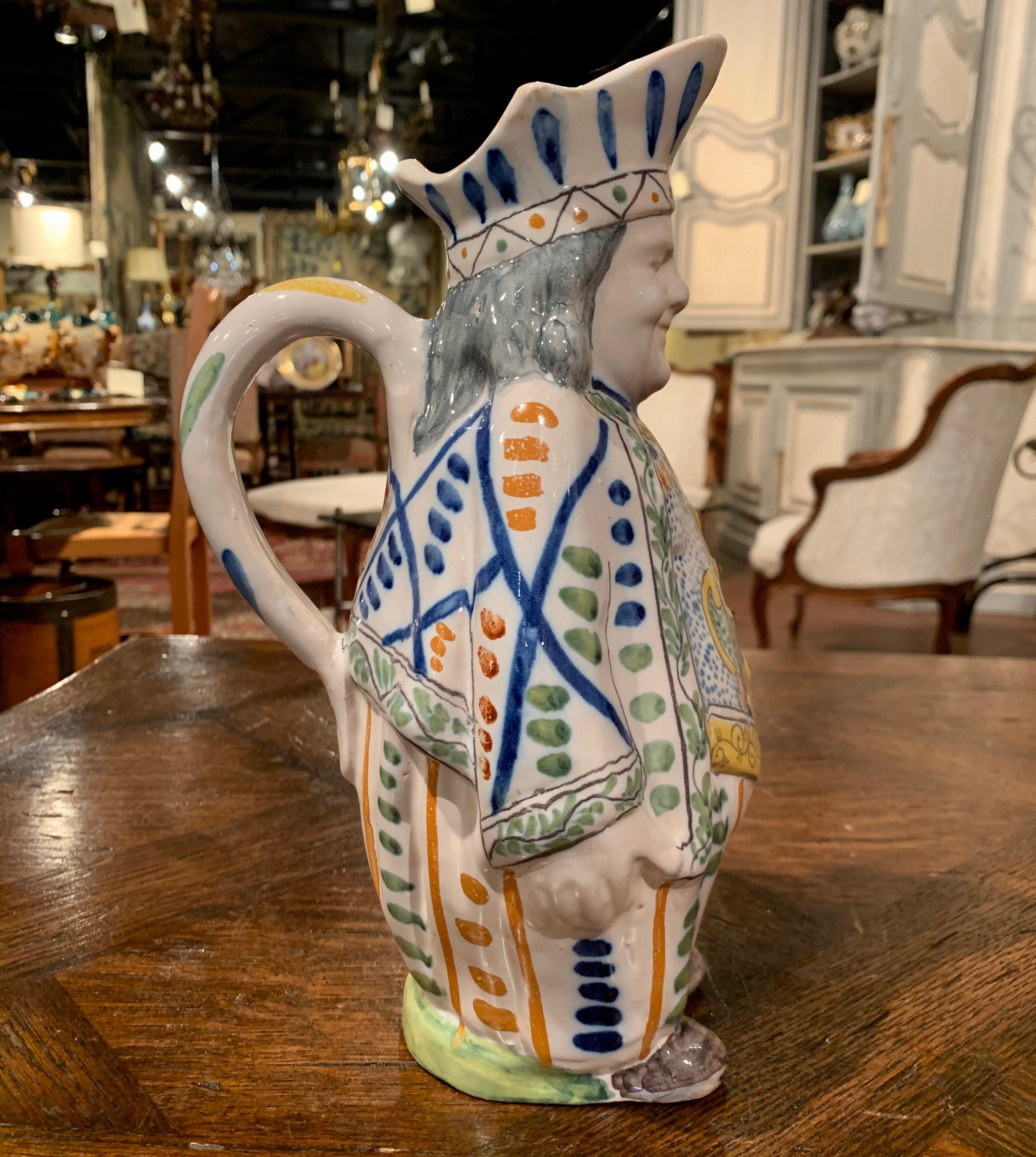 Majolica 19th Century French Painted Barbotine Ceramic Chef Pitcher in Uniform