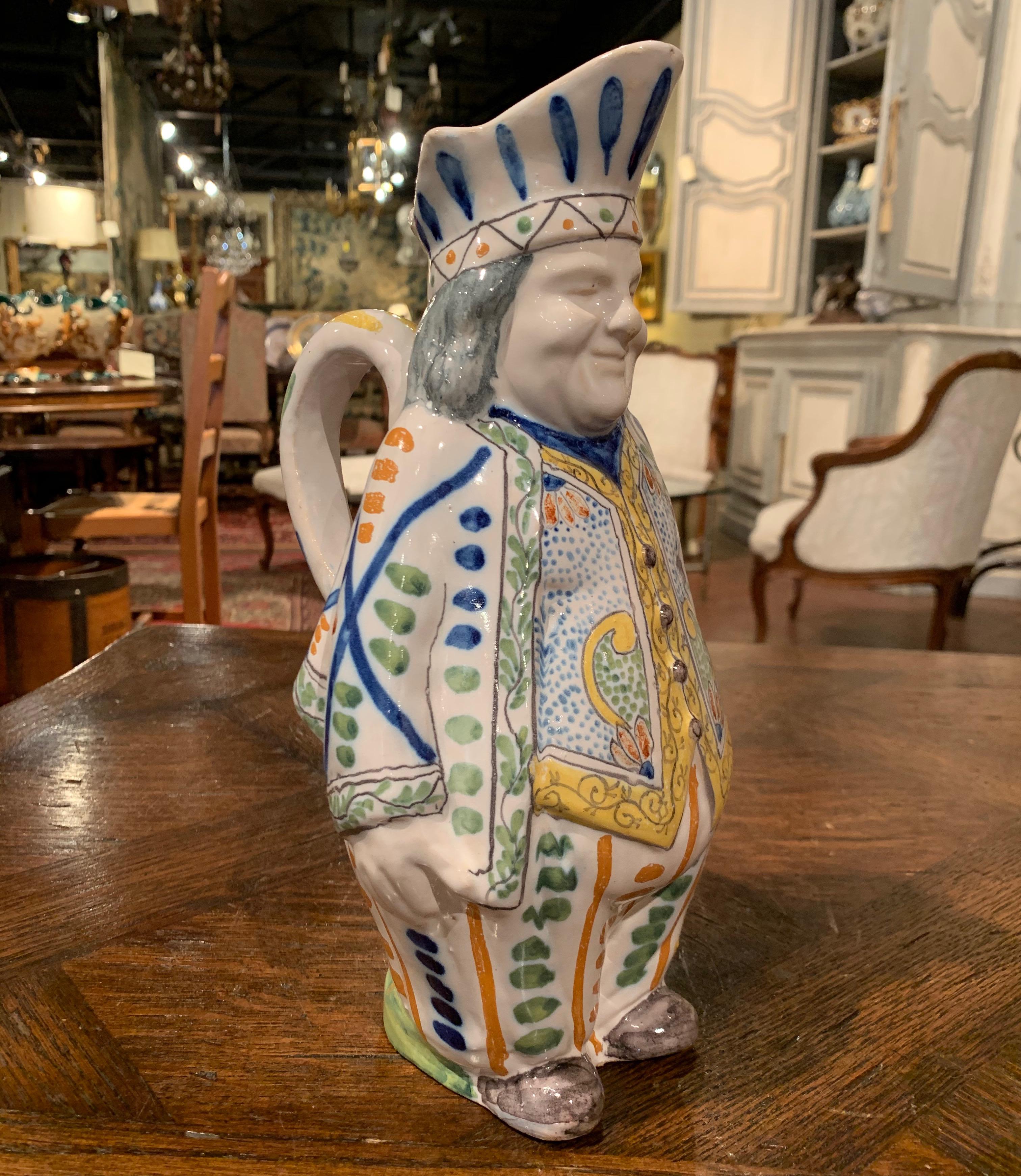 19th Century French Painted Barbotine Ceramic Chef Pitcher in Uniform 1