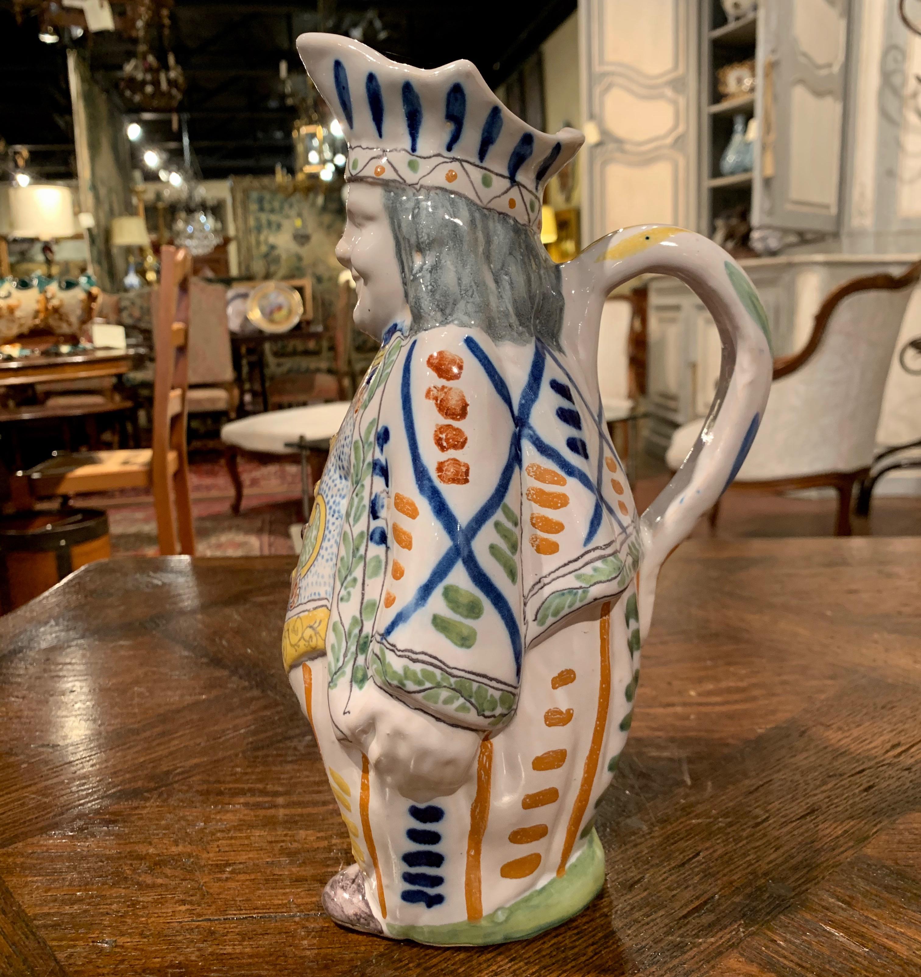 19th Century French Painted Barbotine Ceramic Chef Pitcher in Uniform 3