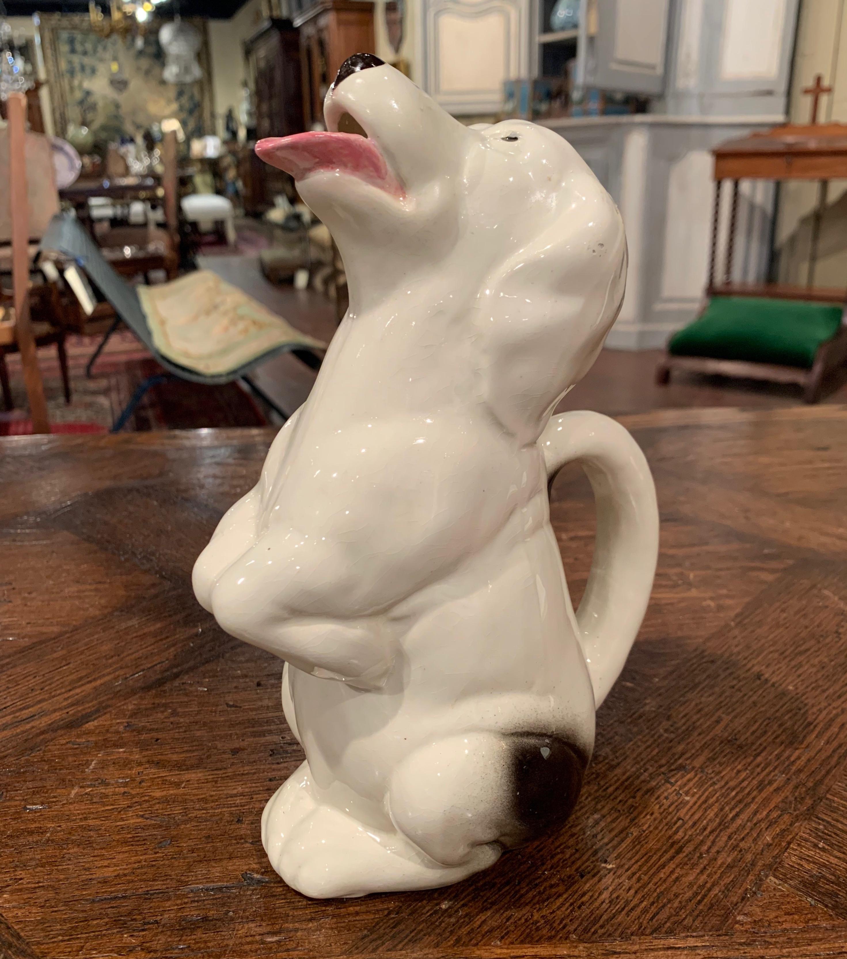 Hand-Crafted 19th Century French Painted Barbotine Ceramic Dog Pitcher from Sarreguemines