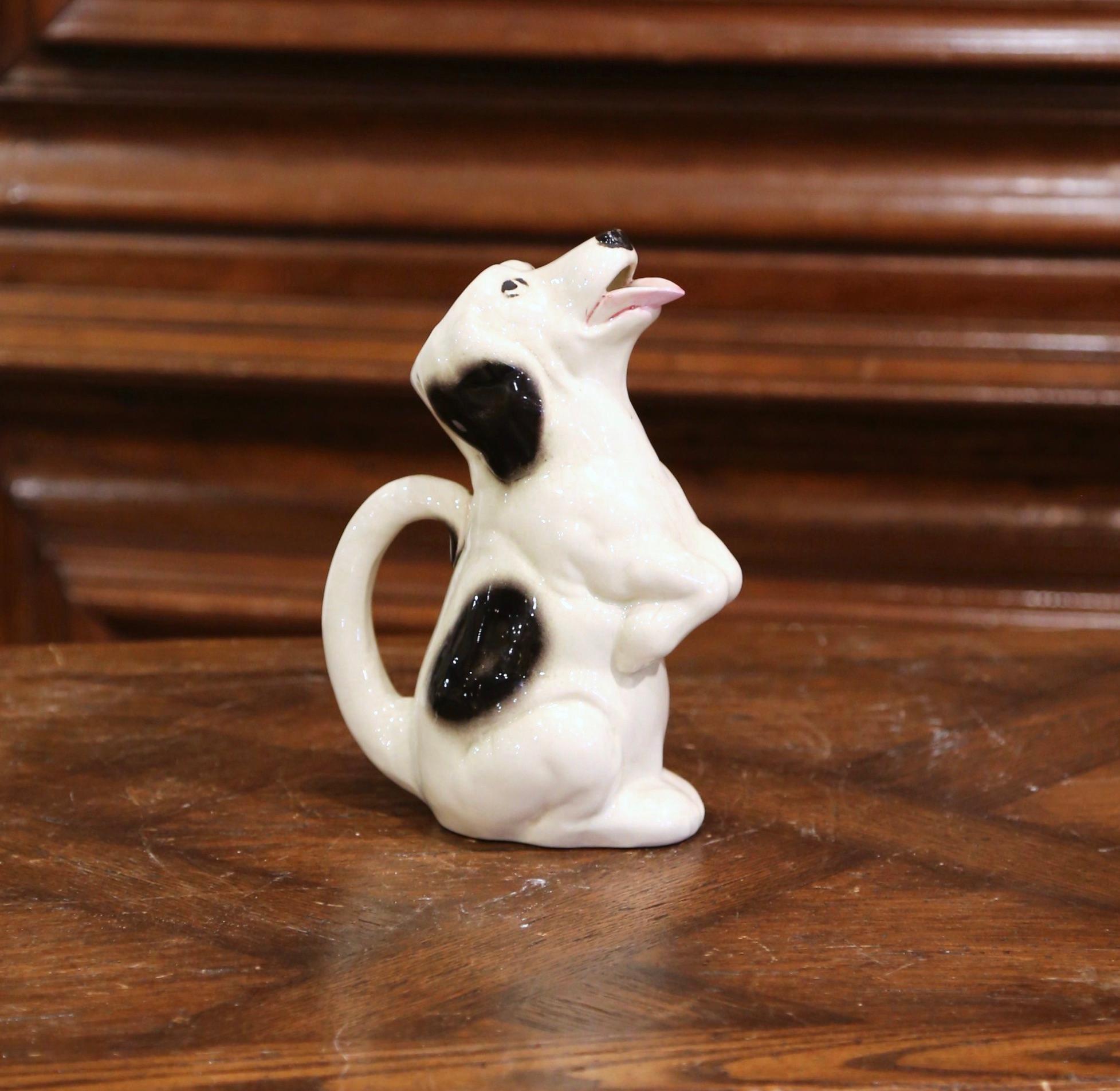 Hand-Painted 19th Century French Painted Barbotine Ceramic Dog Pitcher from Sarreguemines For Sale