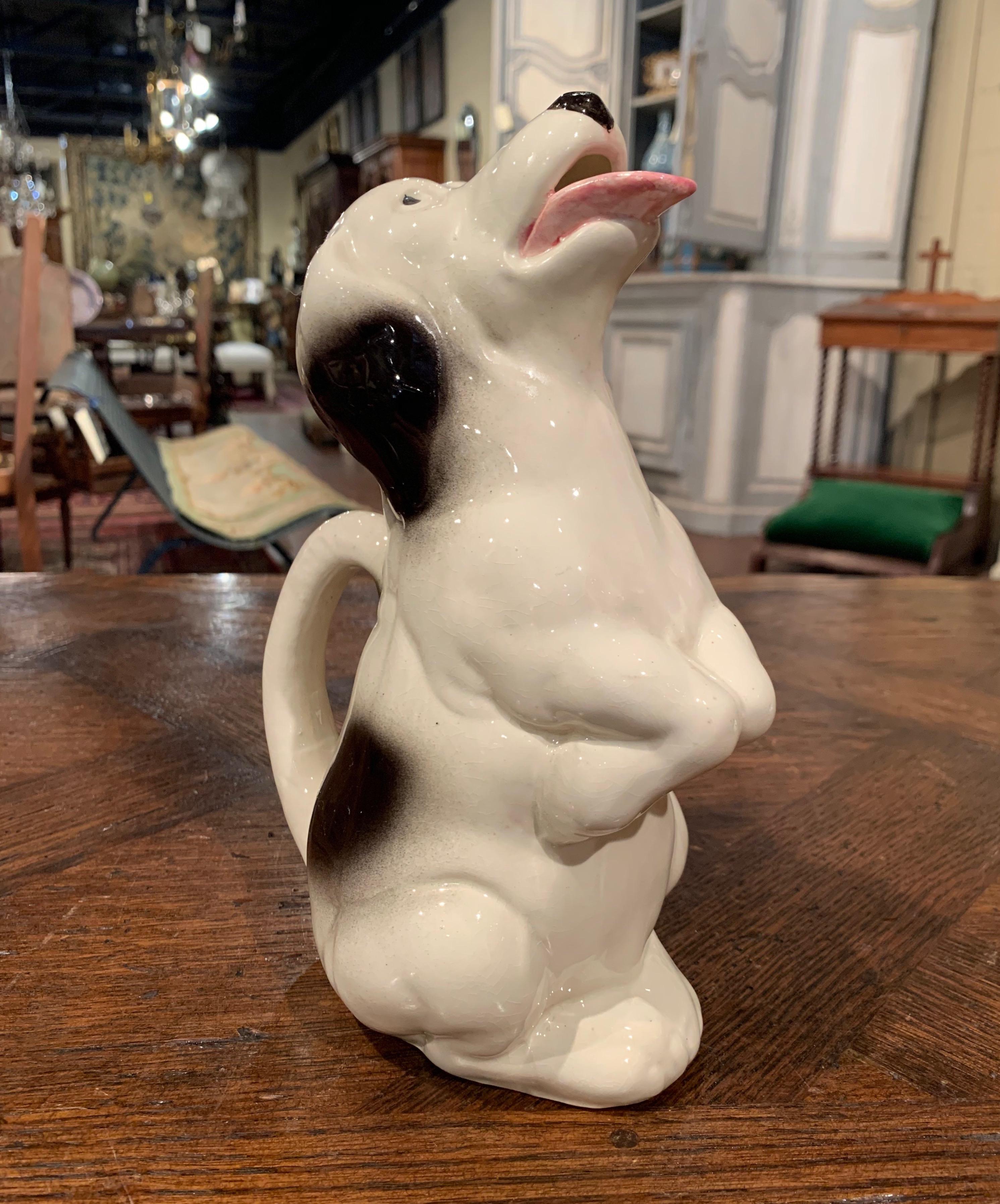 19th Century French Painted Barbotine Ceramic Dog Pitcher from Sarreguemines 1