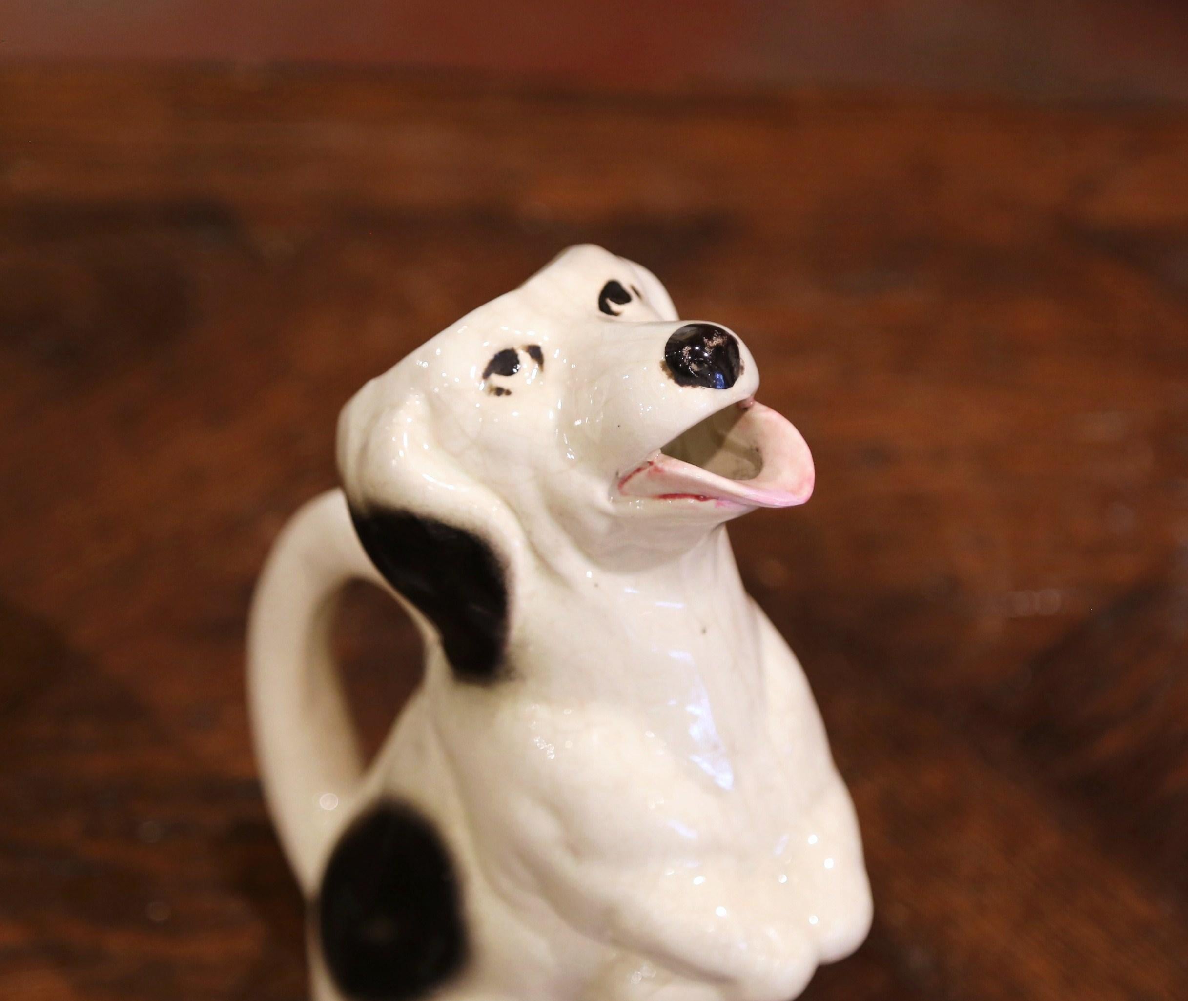 19th Century French Painted Barbotine Ceramic Dog Pitcher from Sarreguemines For Sale 1
