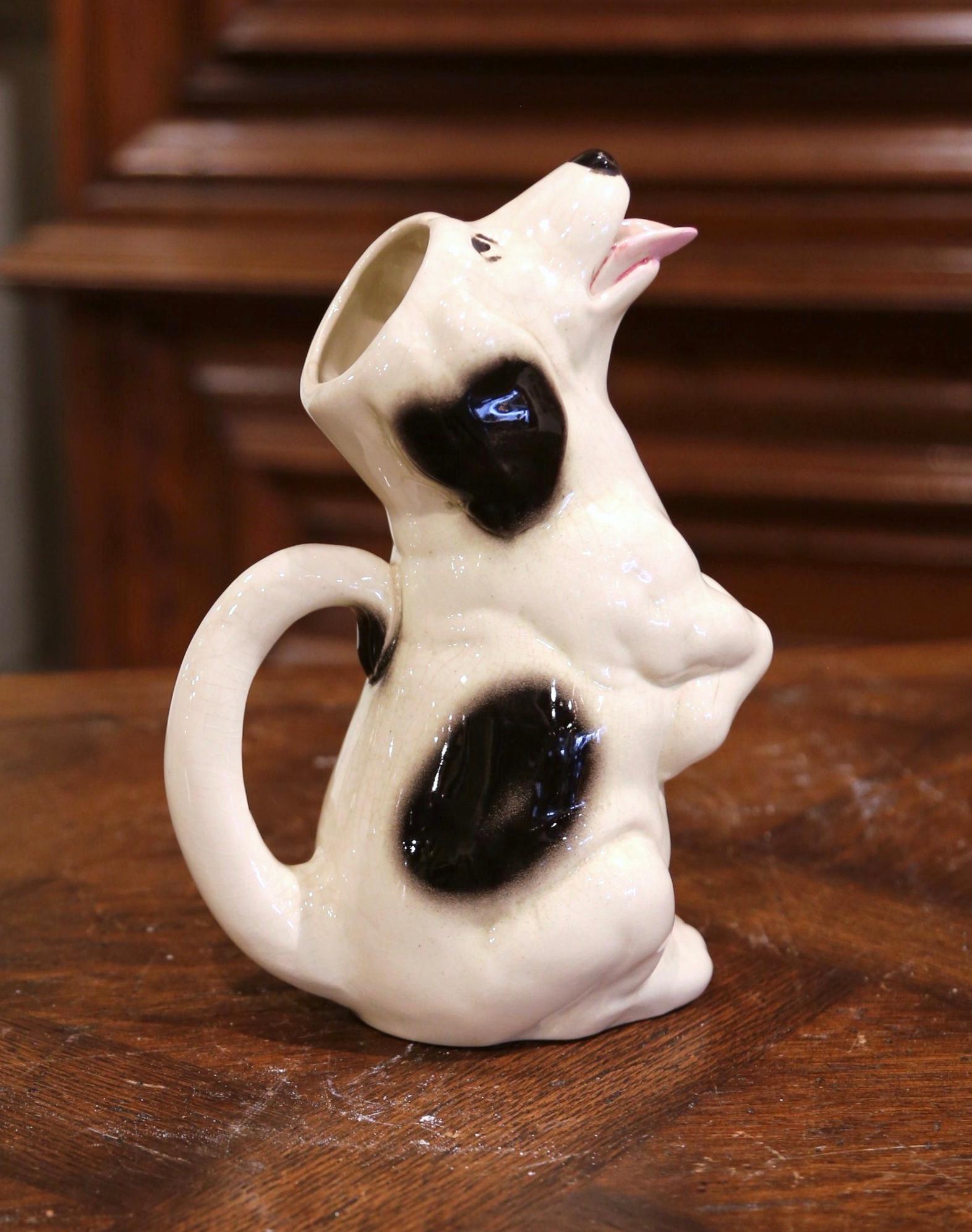 19th Century French Painted Barbotine Ceramic Dog Pitcher from Sarreguemines For Sale 2