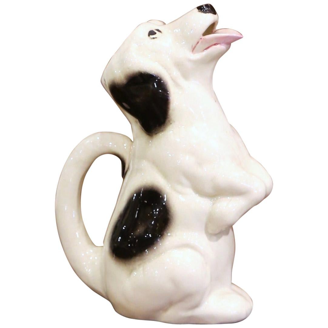 19th Century French Painted Barbotine Ceramic Dog Pitcher from Sarreguemines For Sale