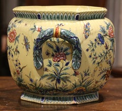 19th Century French Painted Barbotine Faience Planter with Floral & Bird Motifs