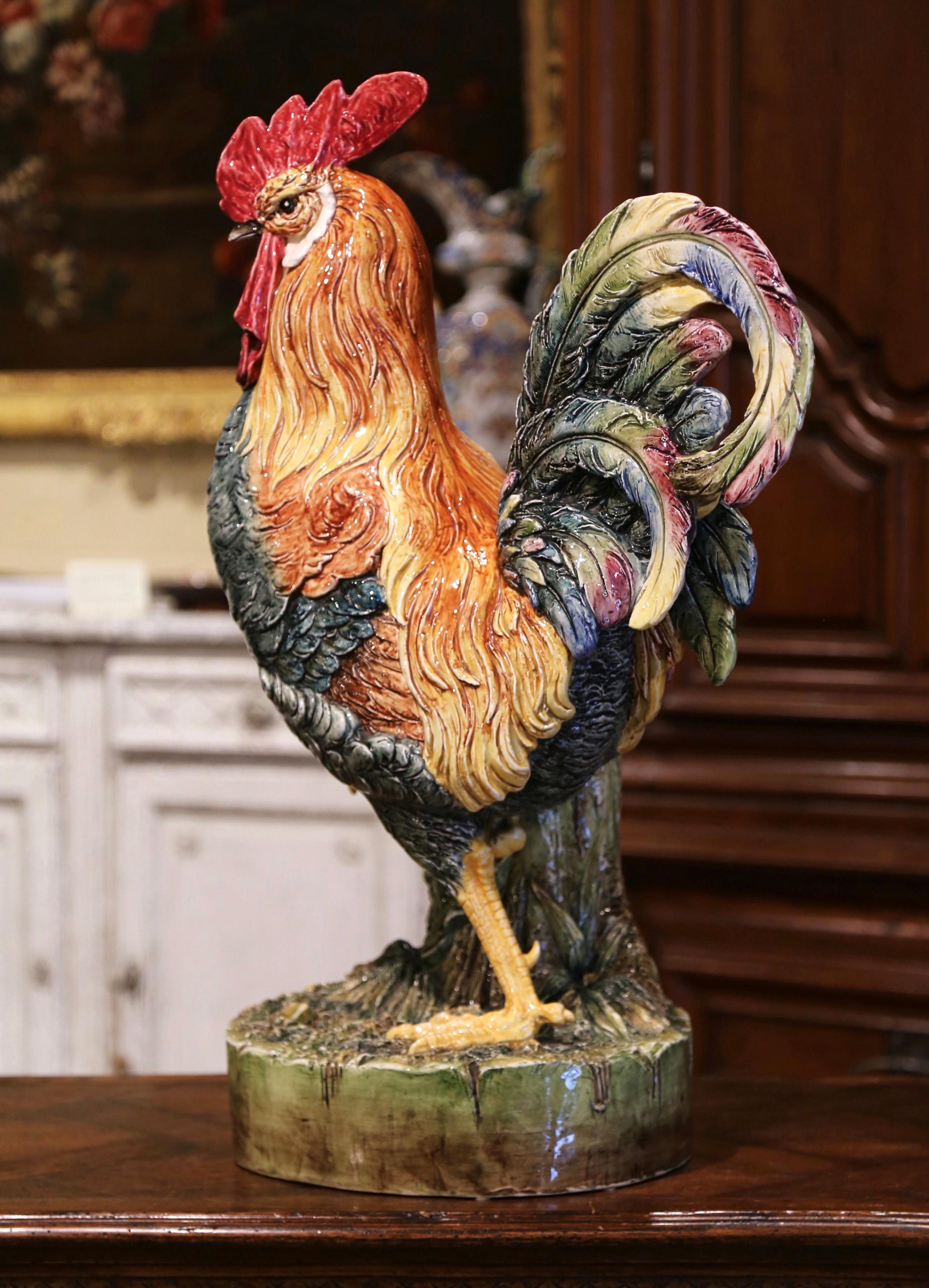 19th Century French Painted Barbotine Faience Rooster Vase Attributed to Massier 5