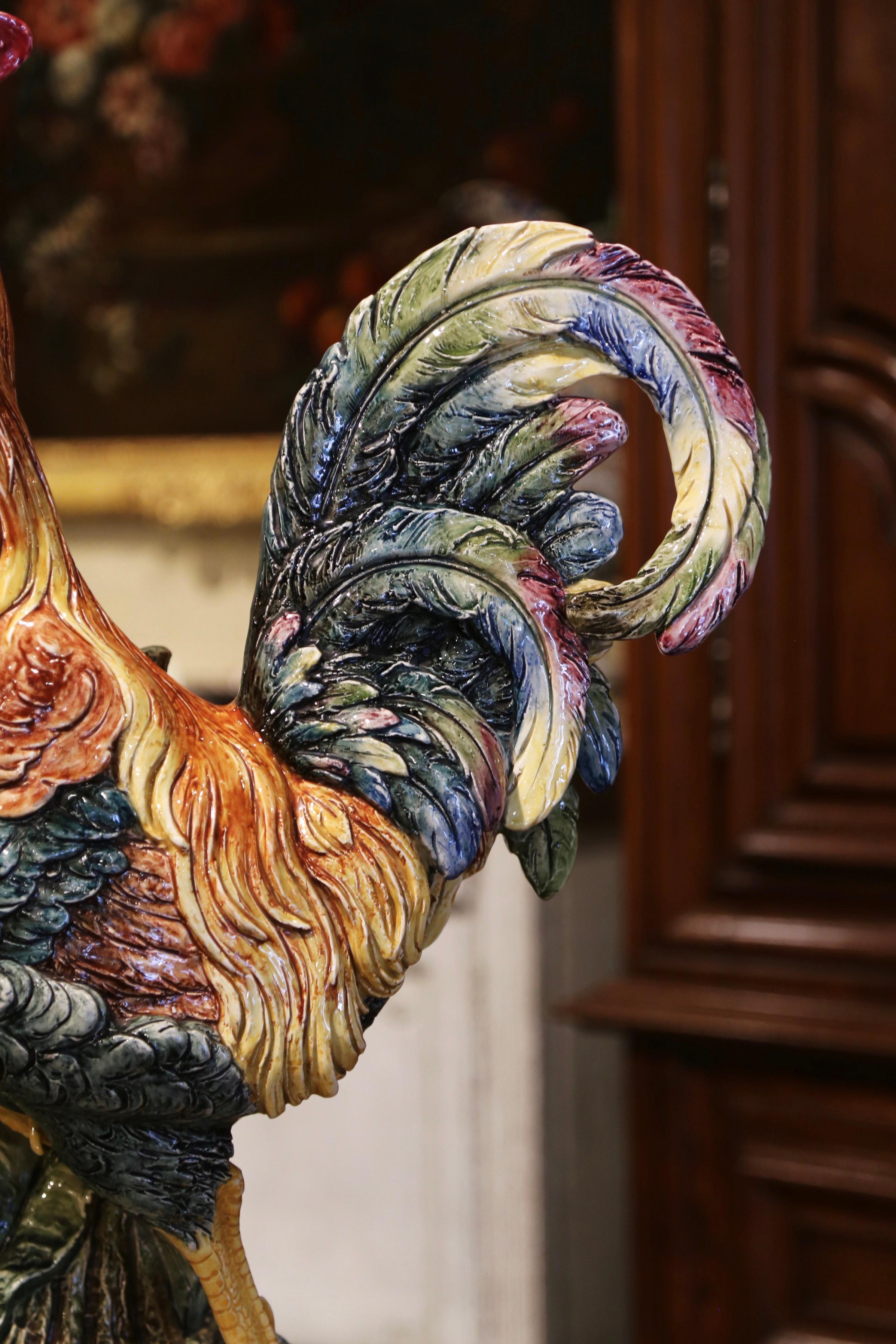 Hand-Crafted 19th Century French Painted Barbotine Faience Rooster Vase Attributed to Massier