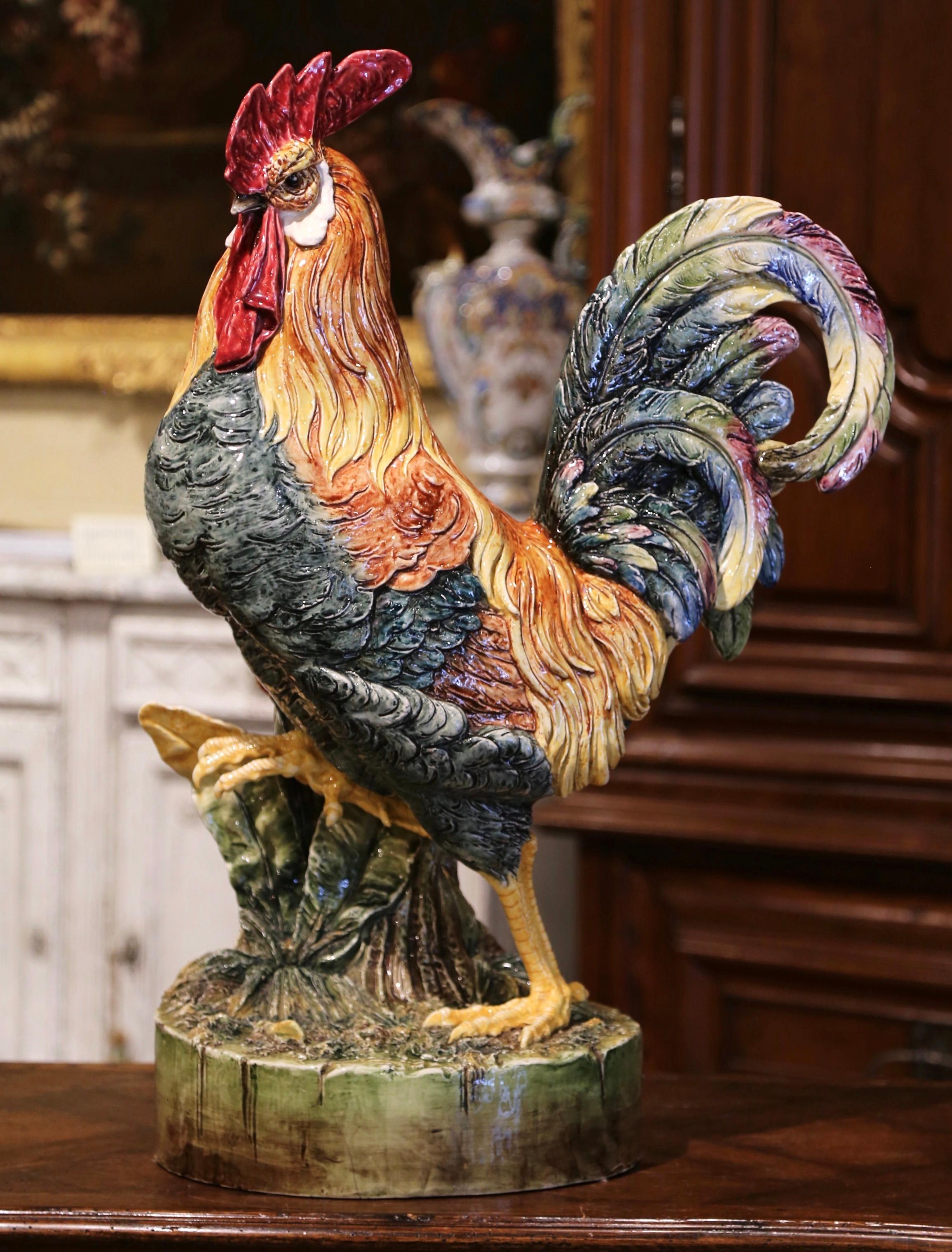 19th Century French Painted Barbotine Faience Rooster Vase Attributed to Massier In Excellent Condition In Dallas, TX