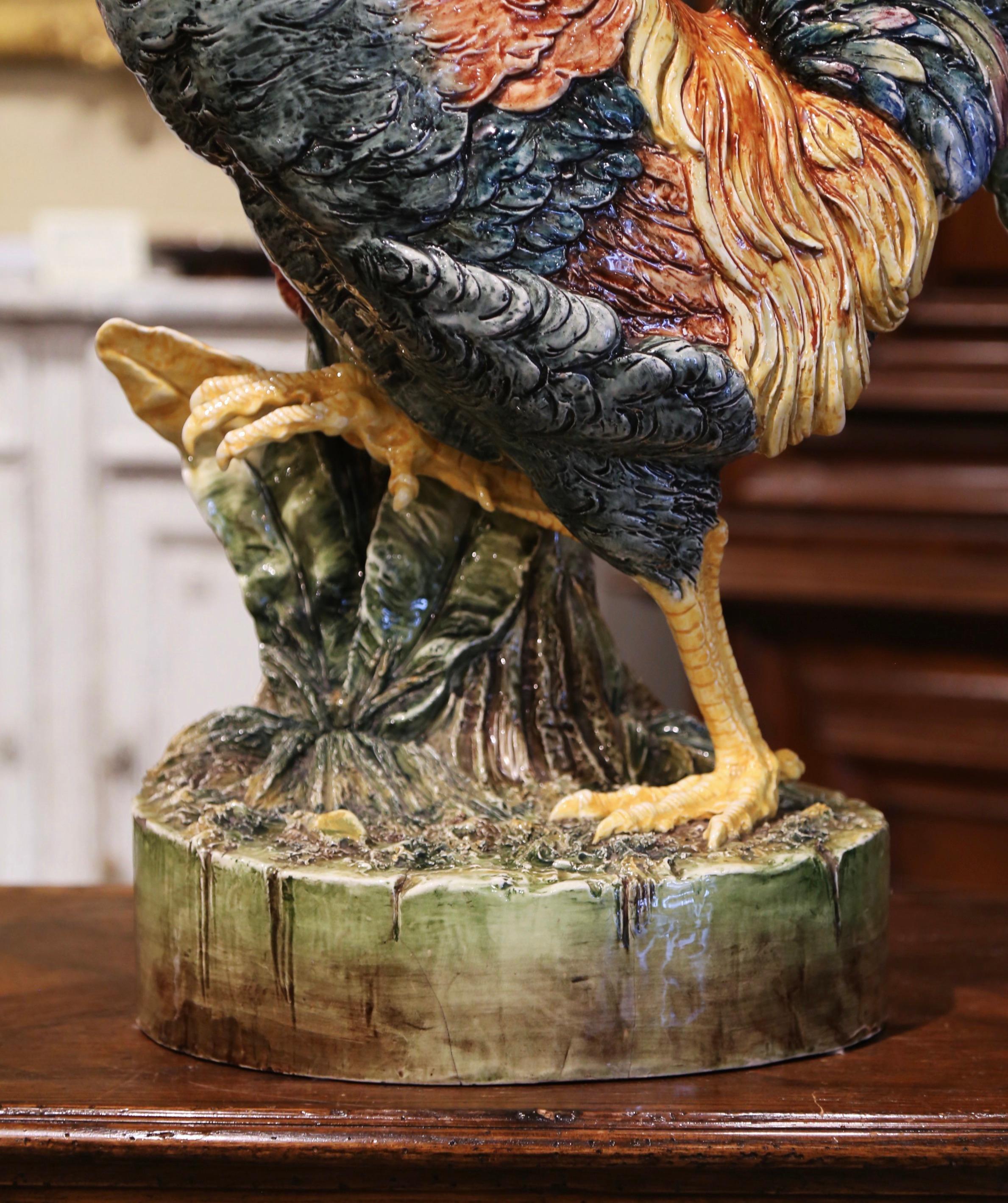 19th Century French Painted Barbotine Faience Rooster Vase Attributed to Massier 1