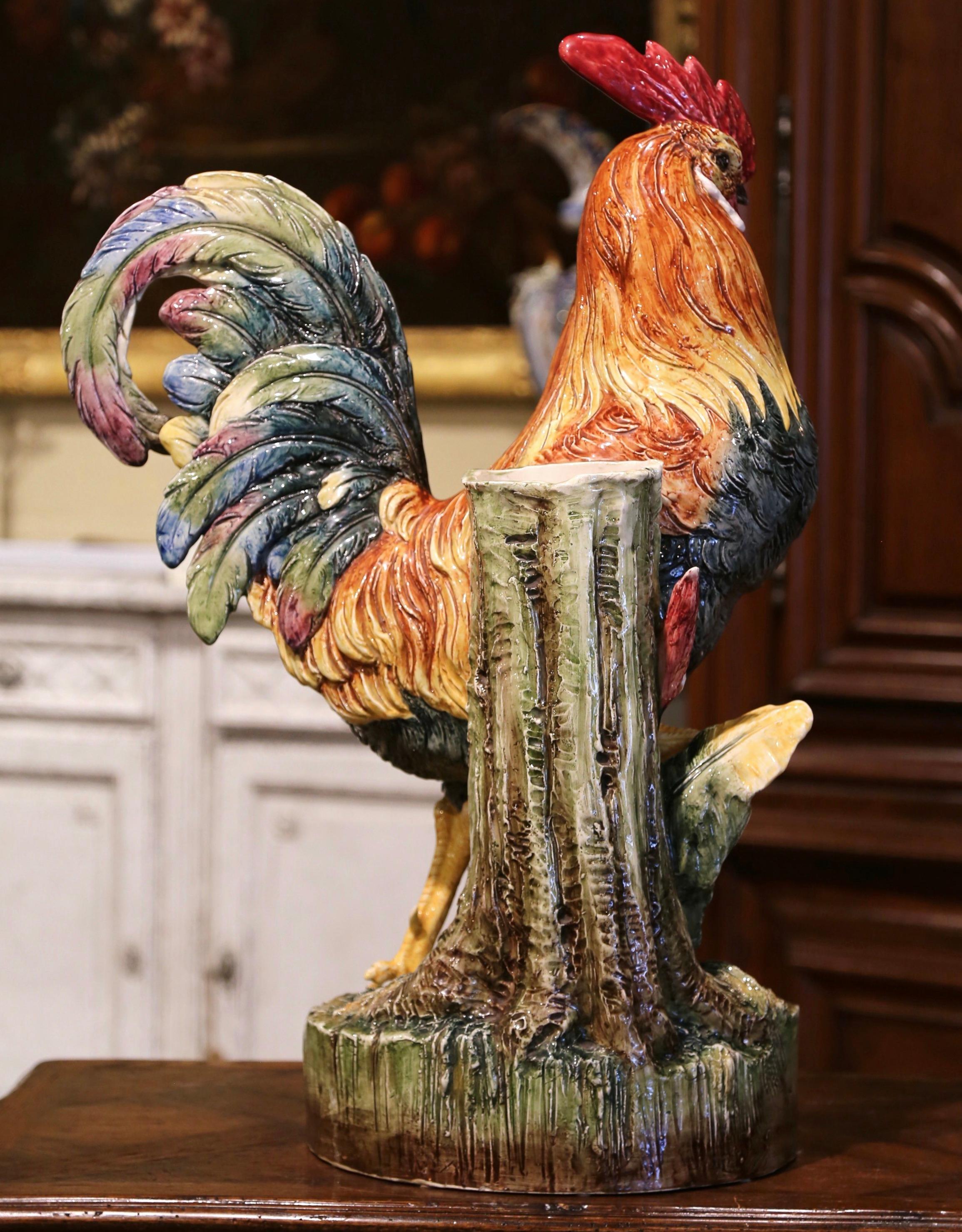 19th Century French Painted Barbotine Faience Rooster Vase Attributed to Massier 2