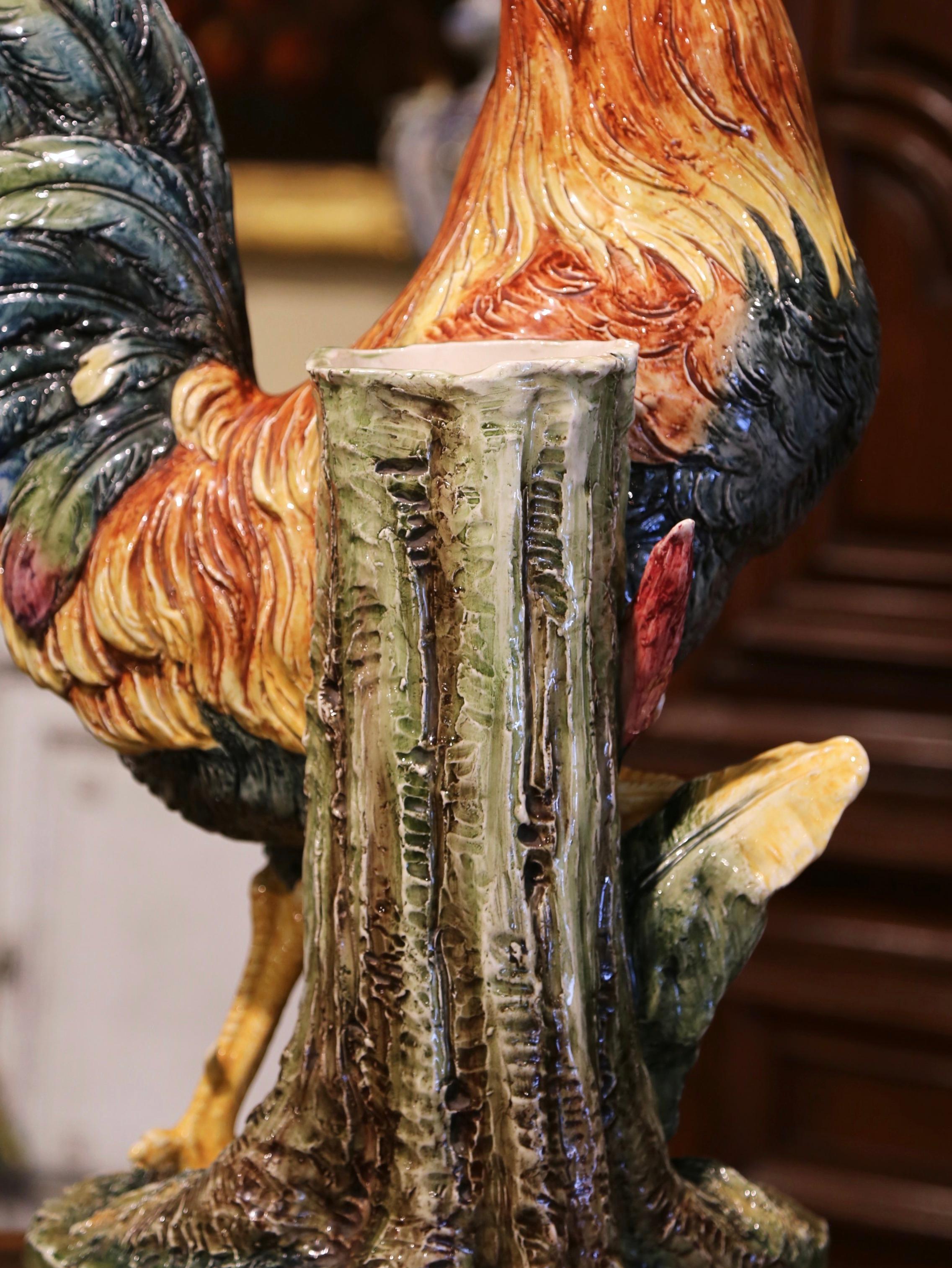 19th Century French Painted Barbotine Faience Rooster Vase Attributed to Massier 3