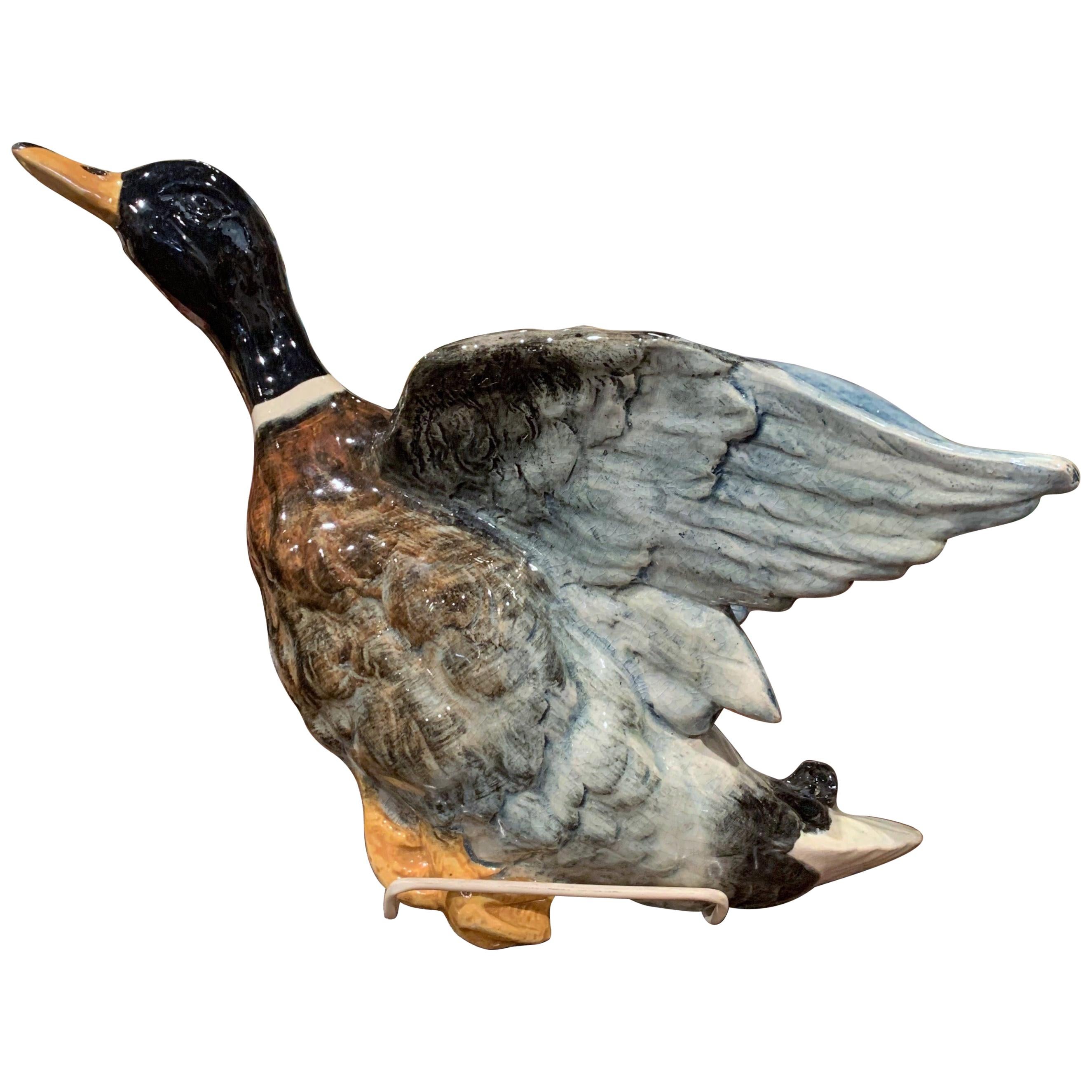 19th Century French Painted Barbotine Faience Wall Duck Sculpture Jardinière