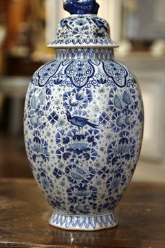 19th Century French Painted Blue and White Delft Faience Jar Vase with Lid