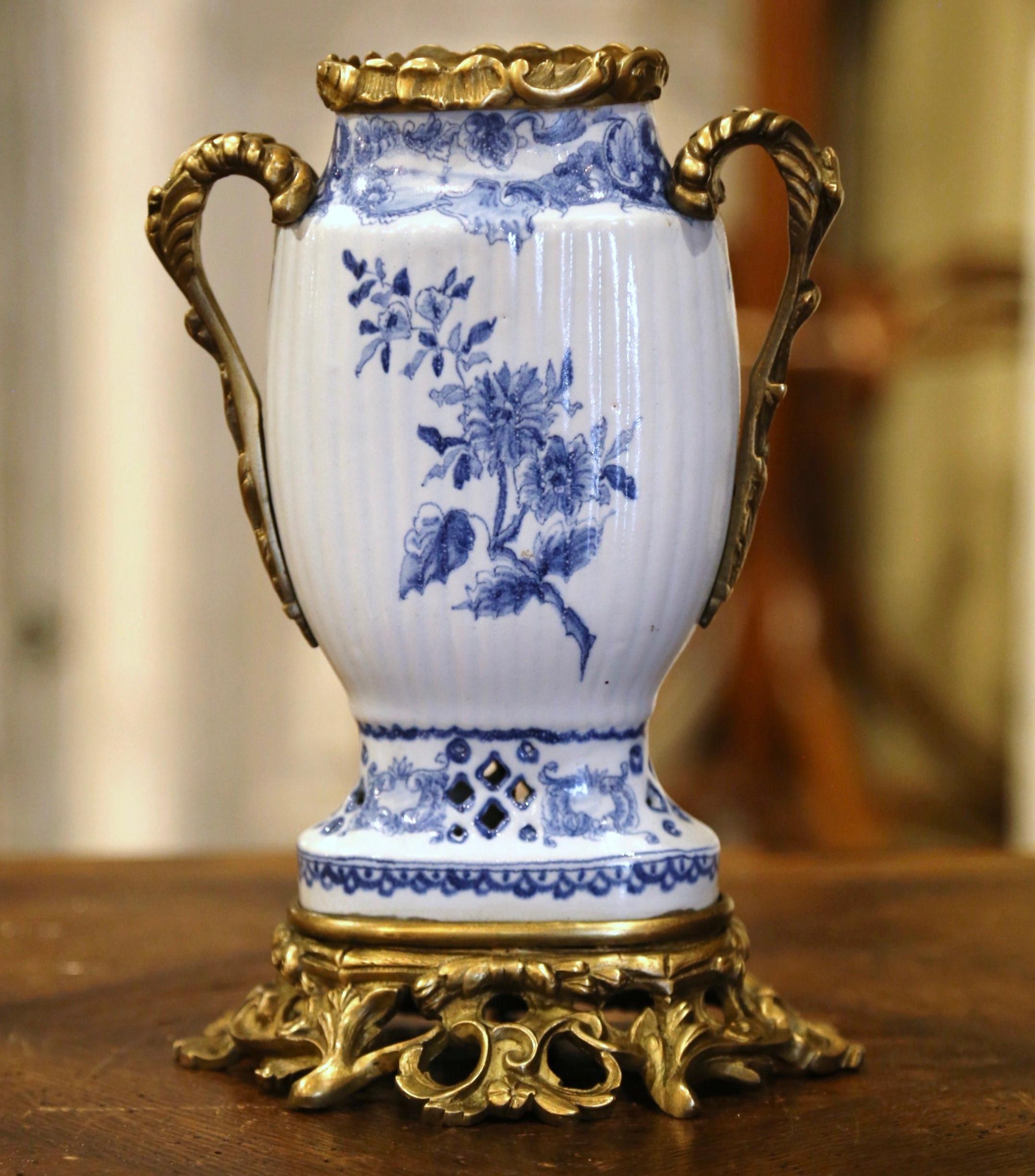 19th Century French Painted Blue and White Faience and Gilt Bronze Delft Vase 7