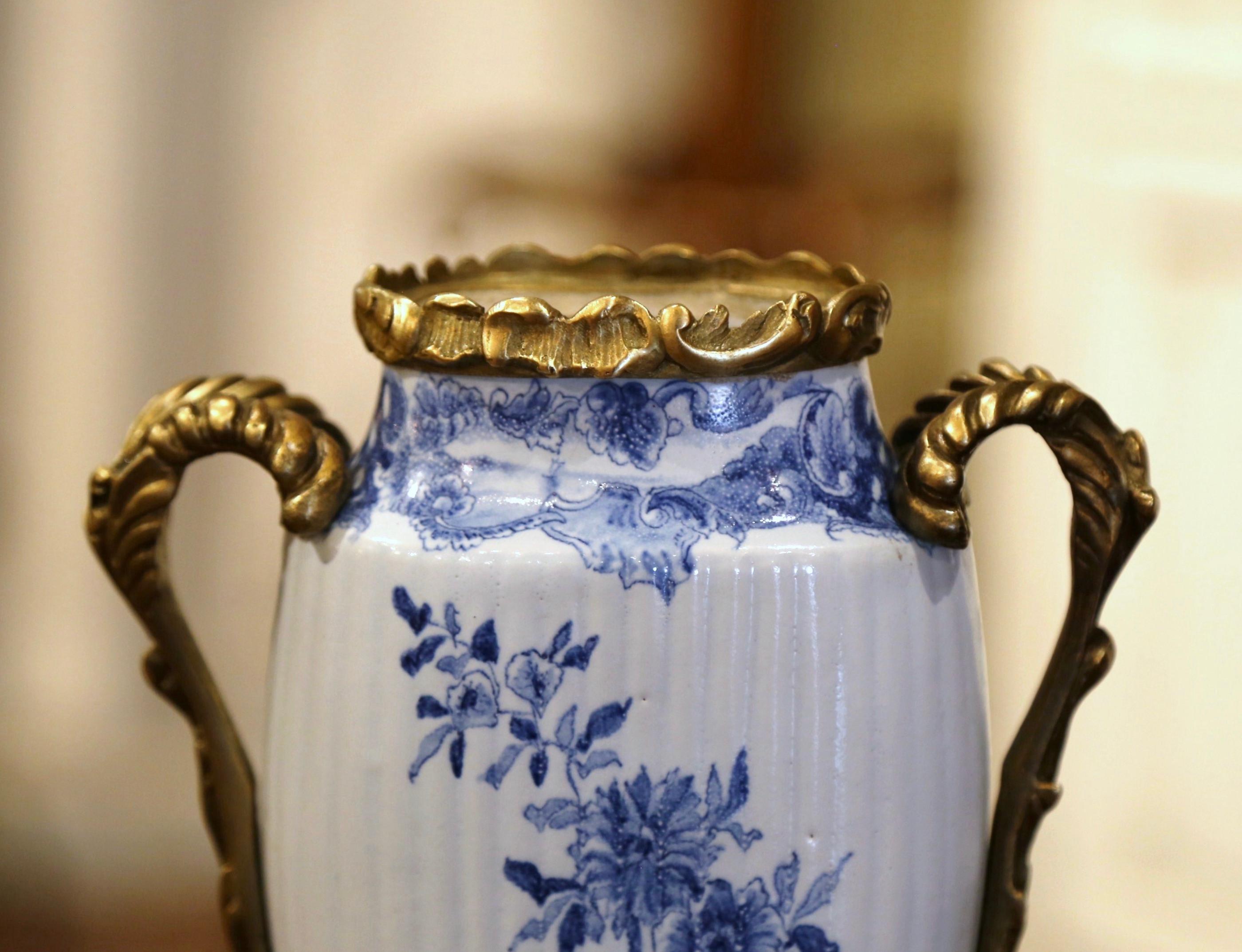 19th Century French Painted Blue and White Faience and Gilt Bronze Delft Vase 8