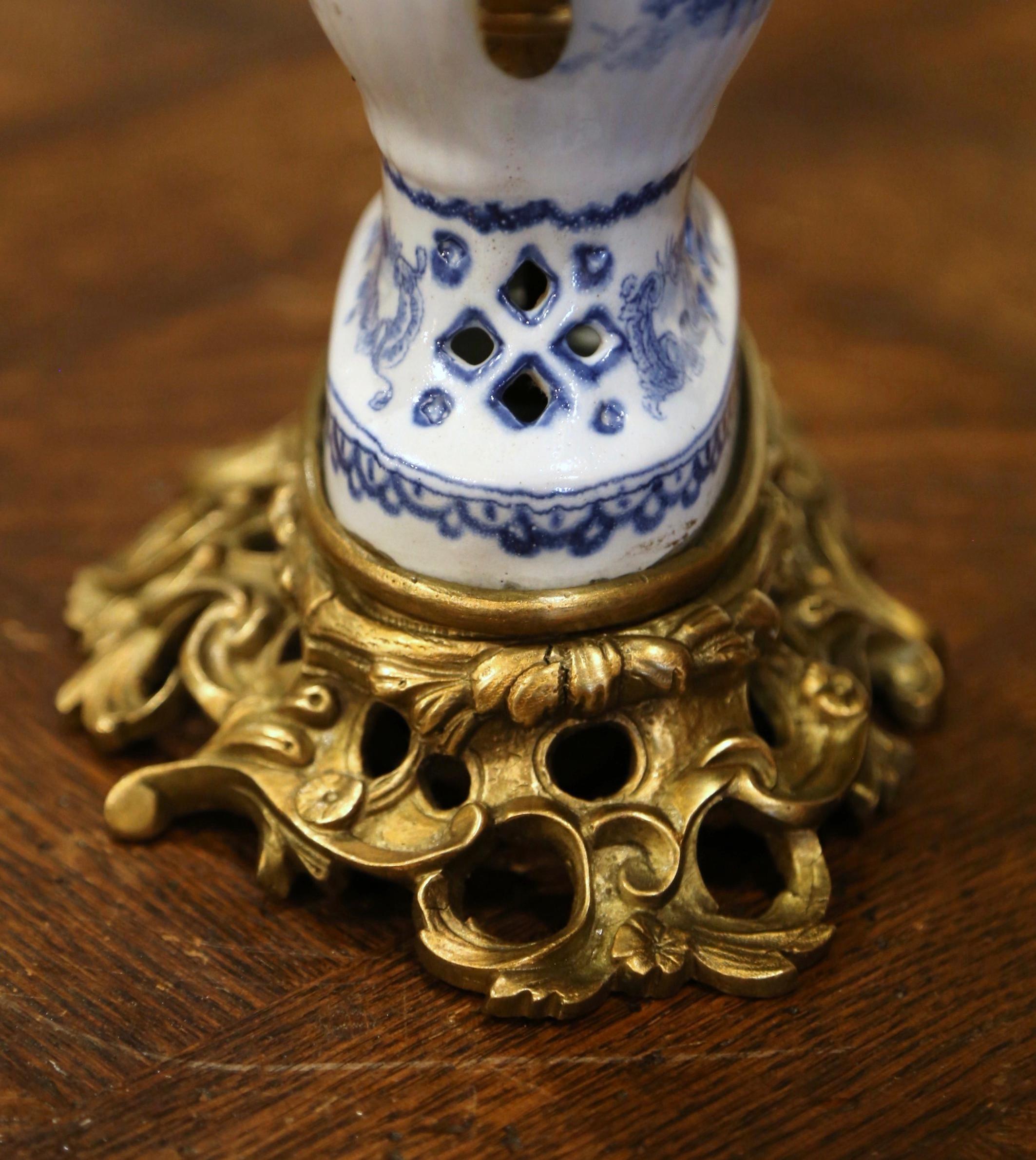 19th Century French Painted Blue and White Faience and Gilt Bronze Delft Vase 11