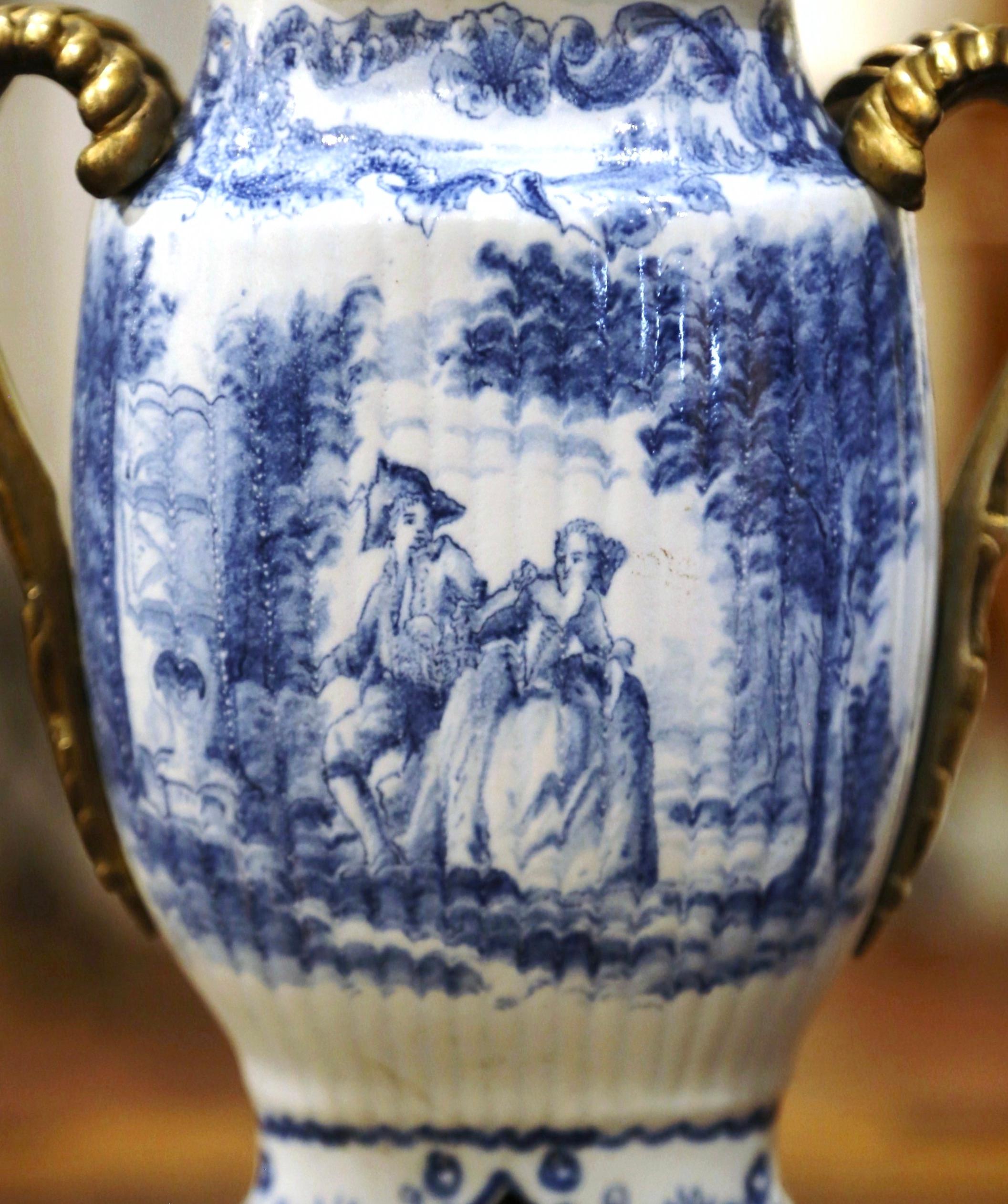 19th Century French Painted Blue and White Faience and Gilt Bronze Delft Vase In Excellent Condition In Dallas, TX