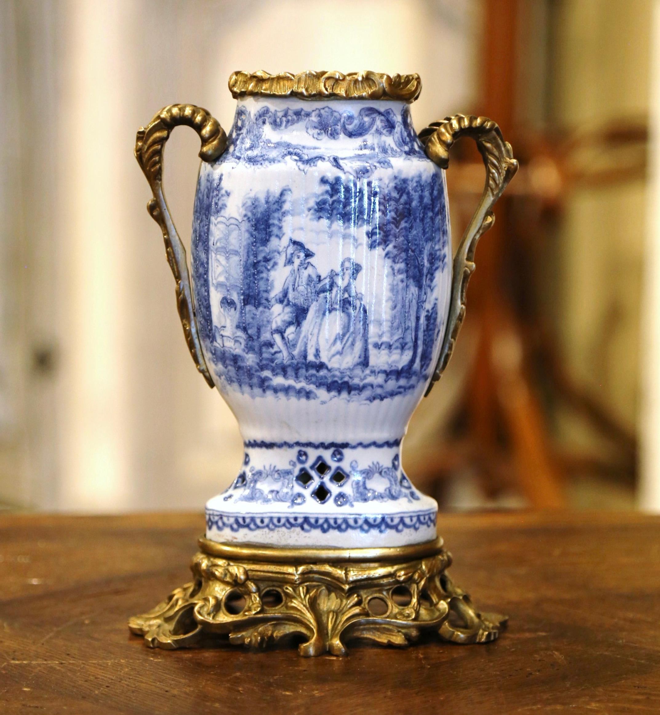 19th Century French Painted Blue and White Faience and Gilt Bronze Delft Vase 1