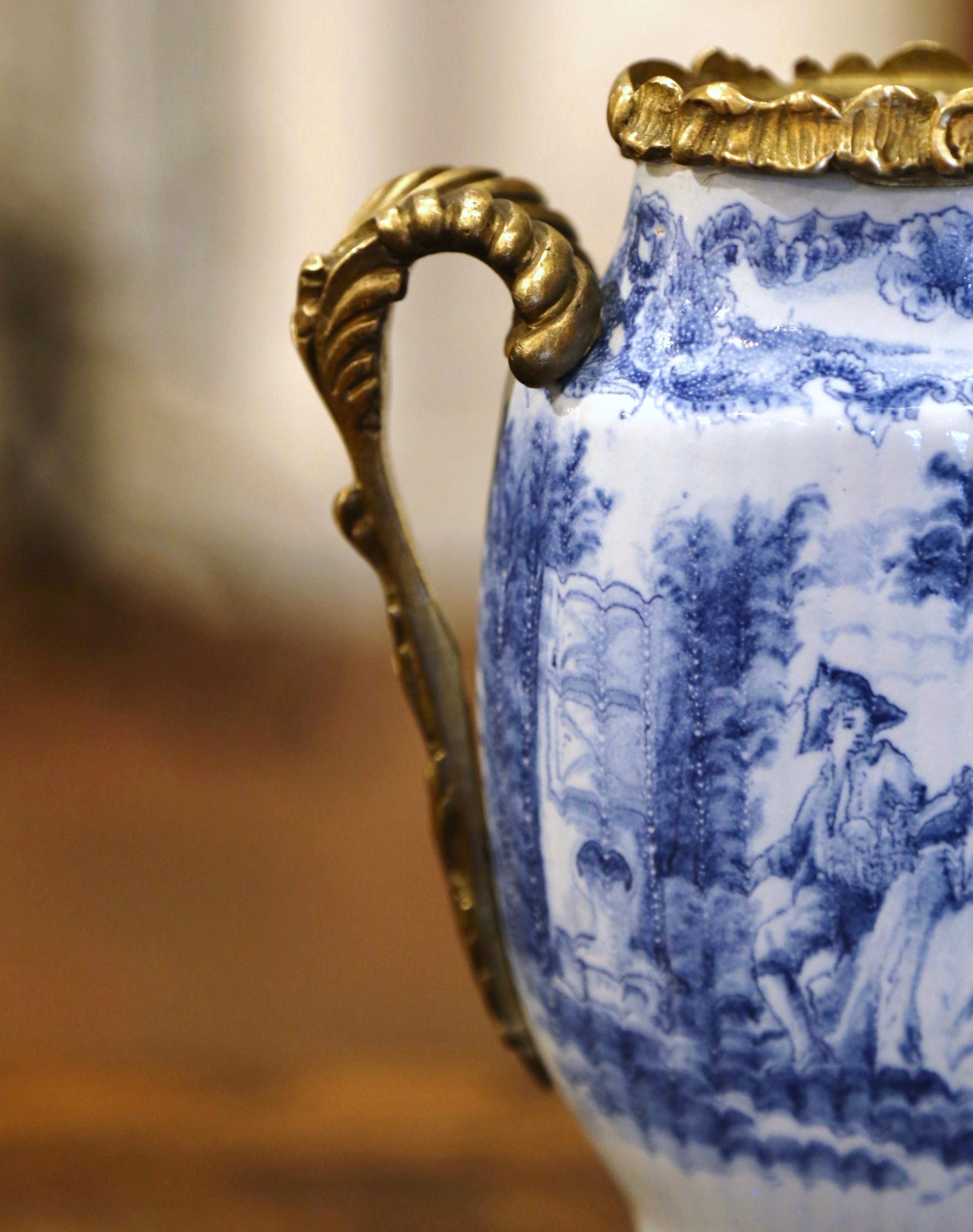 19th Century French Painted Blue and White Faience and Gilt Bronze Delft Vase 2