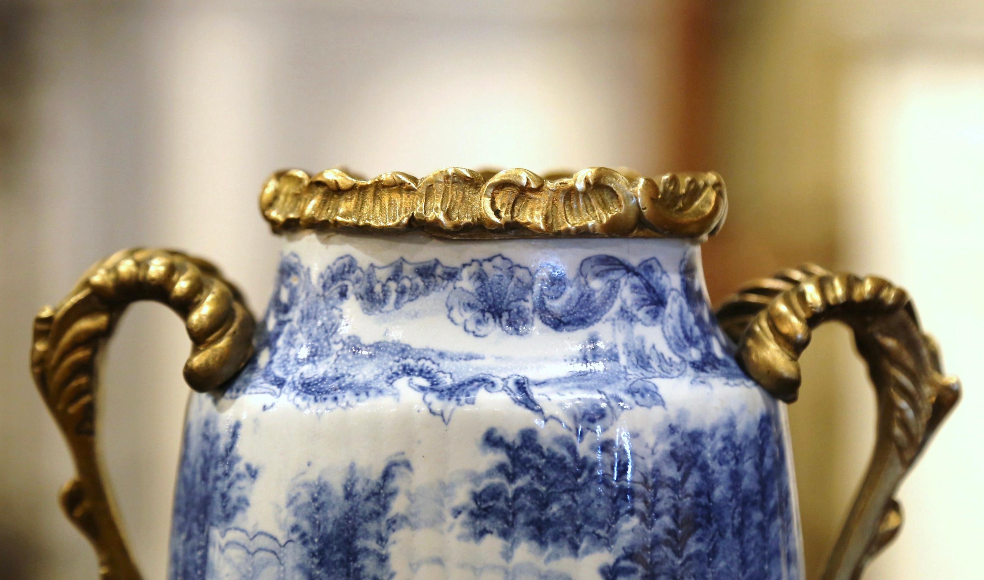 19th Century French Painted Blue and White Faience and Gilt Bronze Delft Vase 3