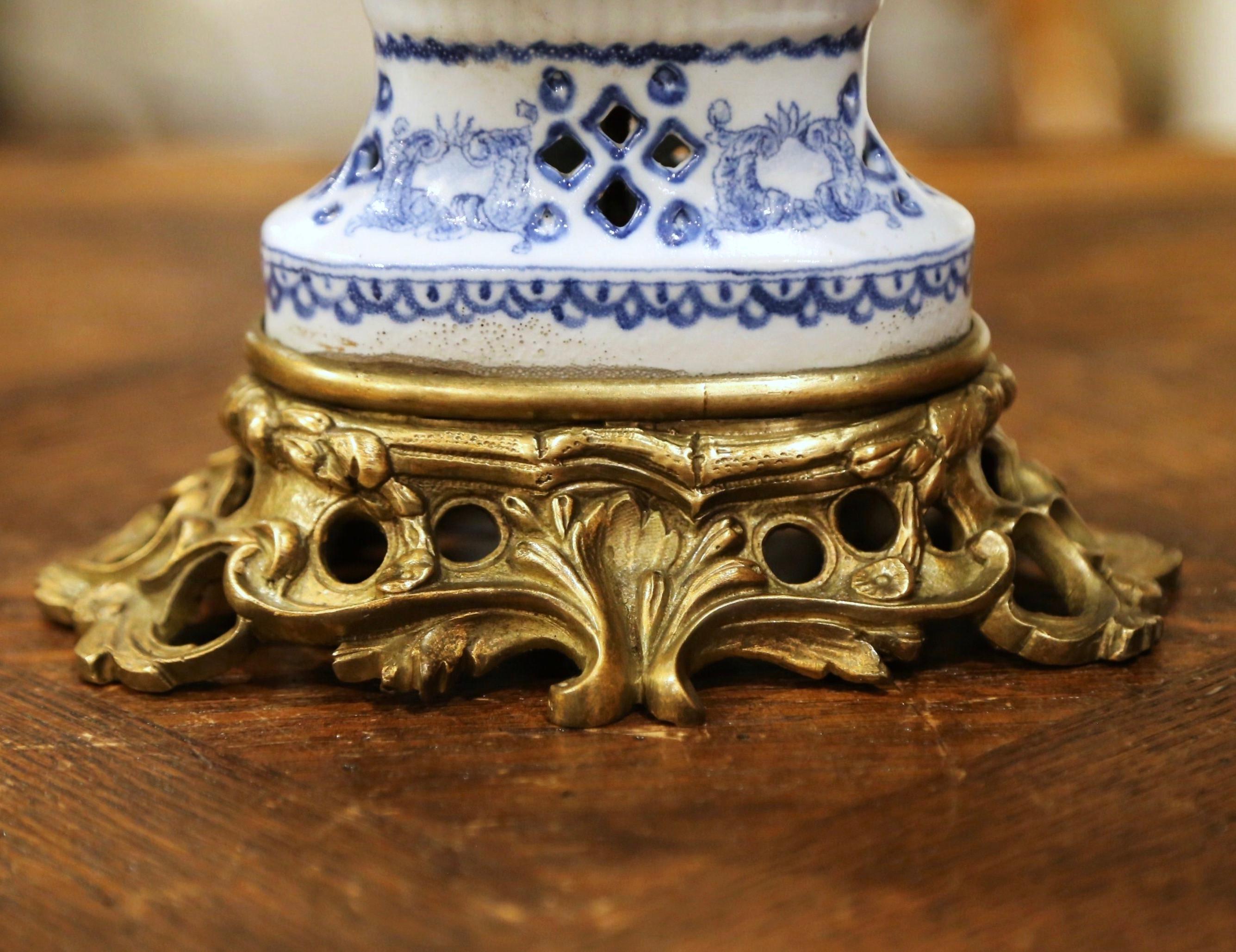 19th Century French Painted Blue and White Faience and Gilt Bronze Delft Vase 5