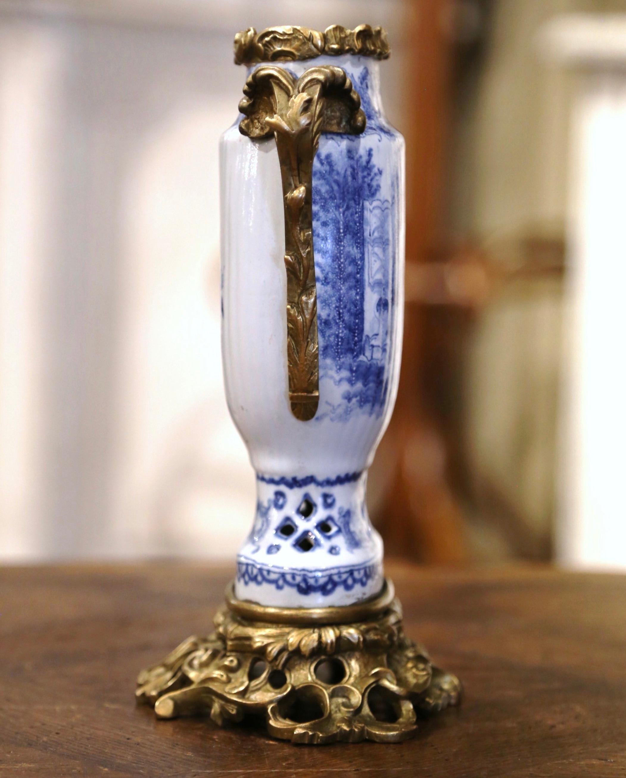 19th Century French Painted Blue and White Faience and Gilt Bronze Delft Vase 6