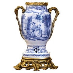 19th Century French Painted Blue and White Faience and Gilt Bronze Delft Vase
