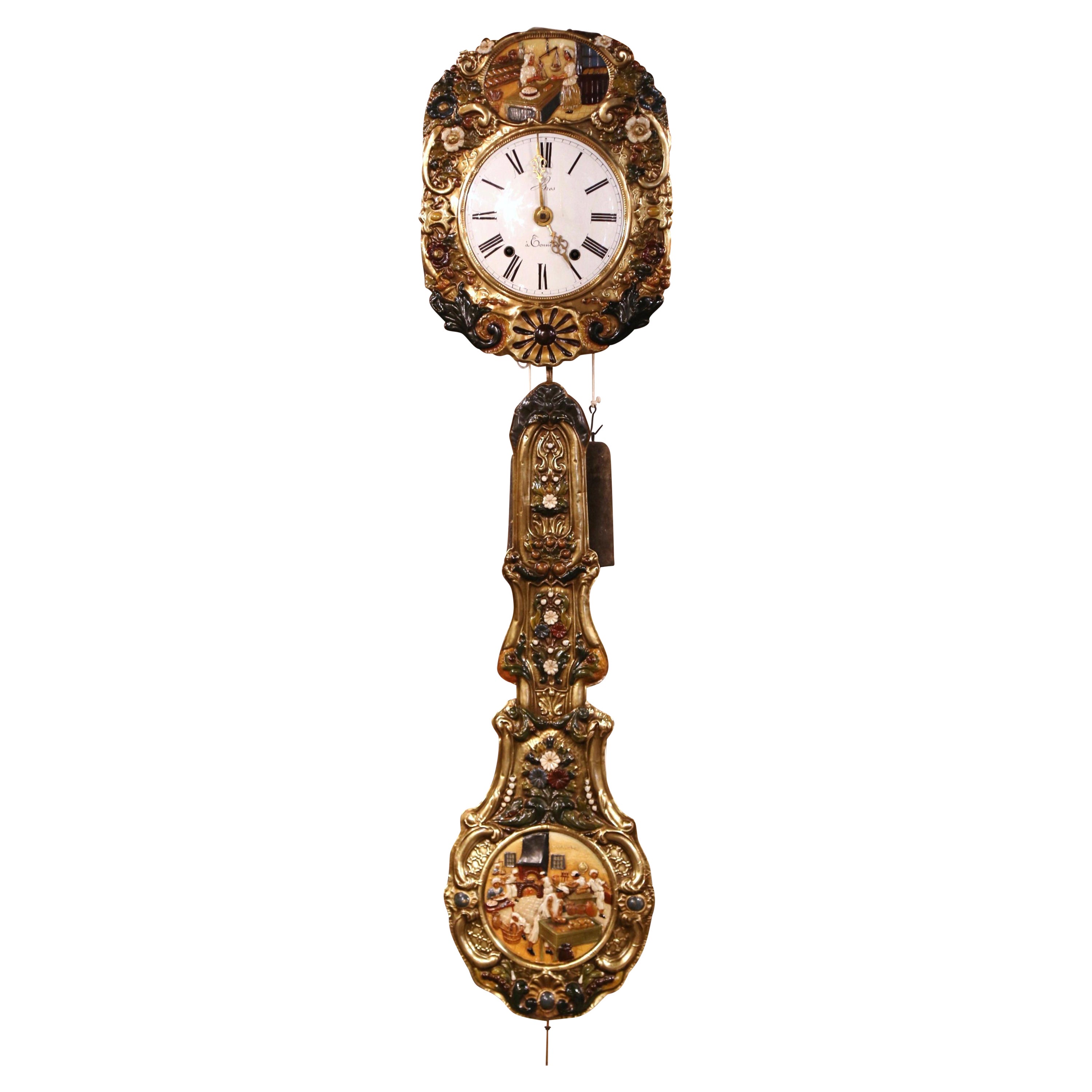 19th Century French Painted Brass Automated Wall "Comtoise" Clock from Perigord