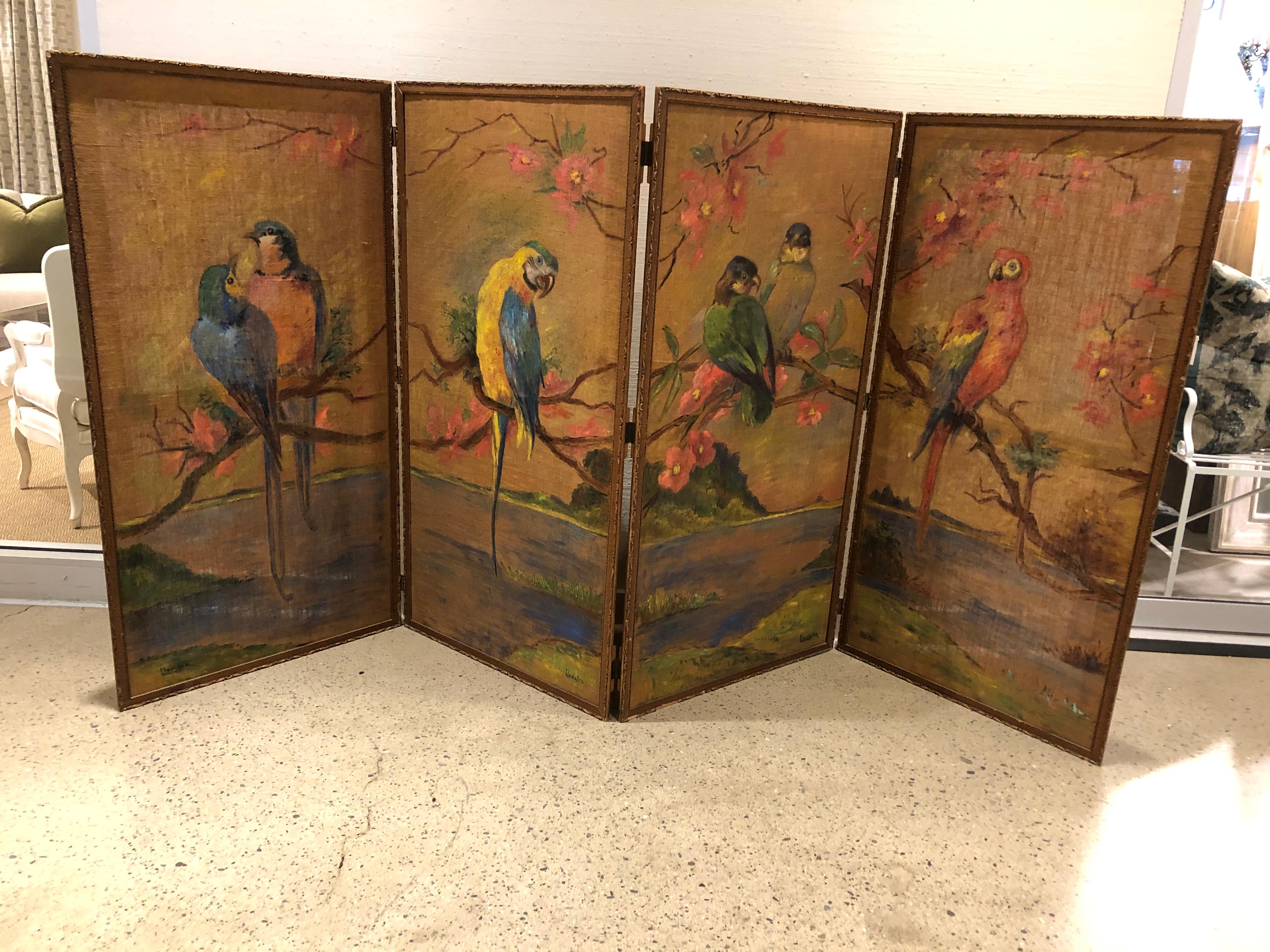 19th century French painted burlap folding screen. Each panel is 28