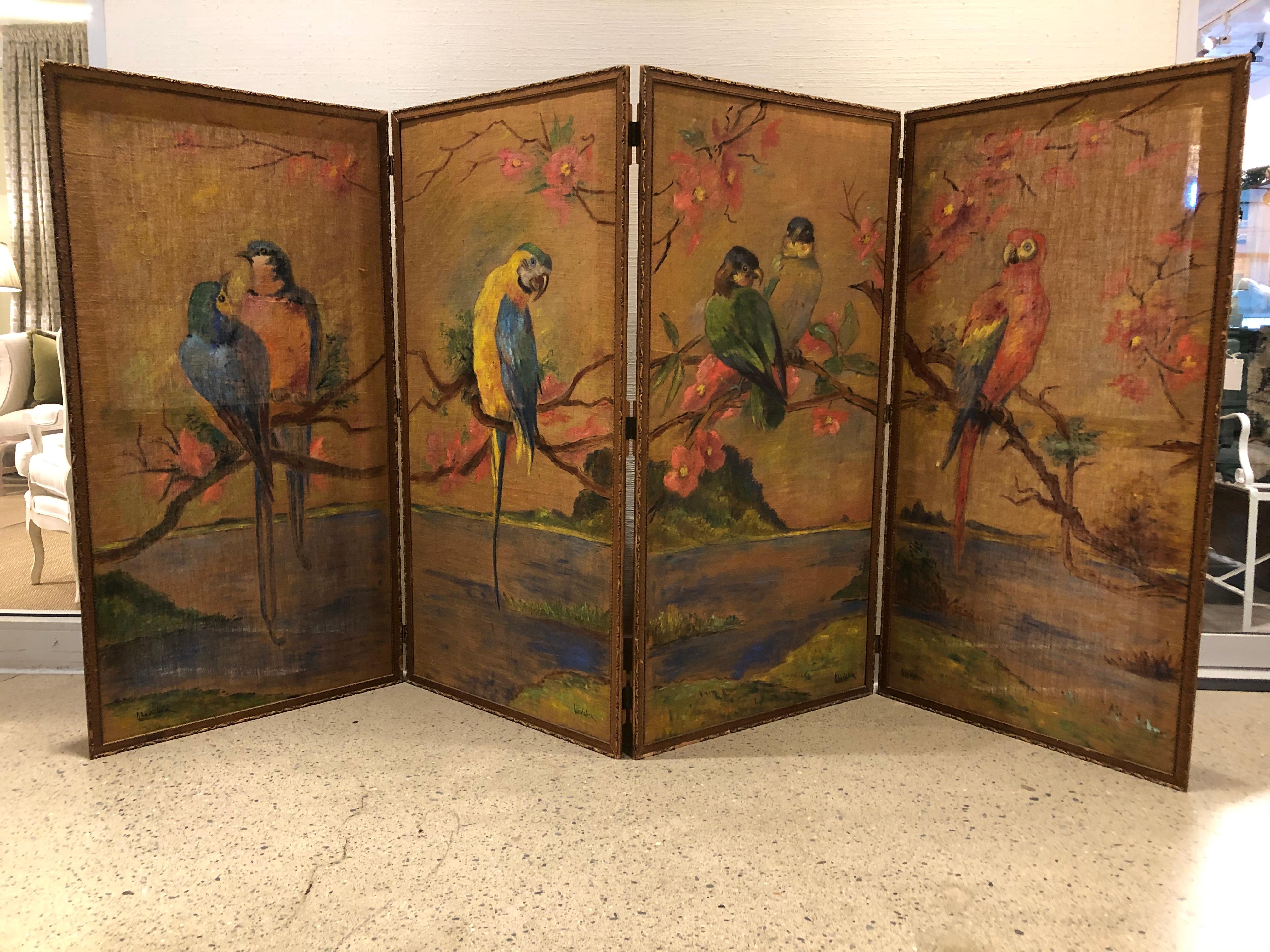 19th Century French Painted Burlap Folding Screen In Good Condition In Boston, MA