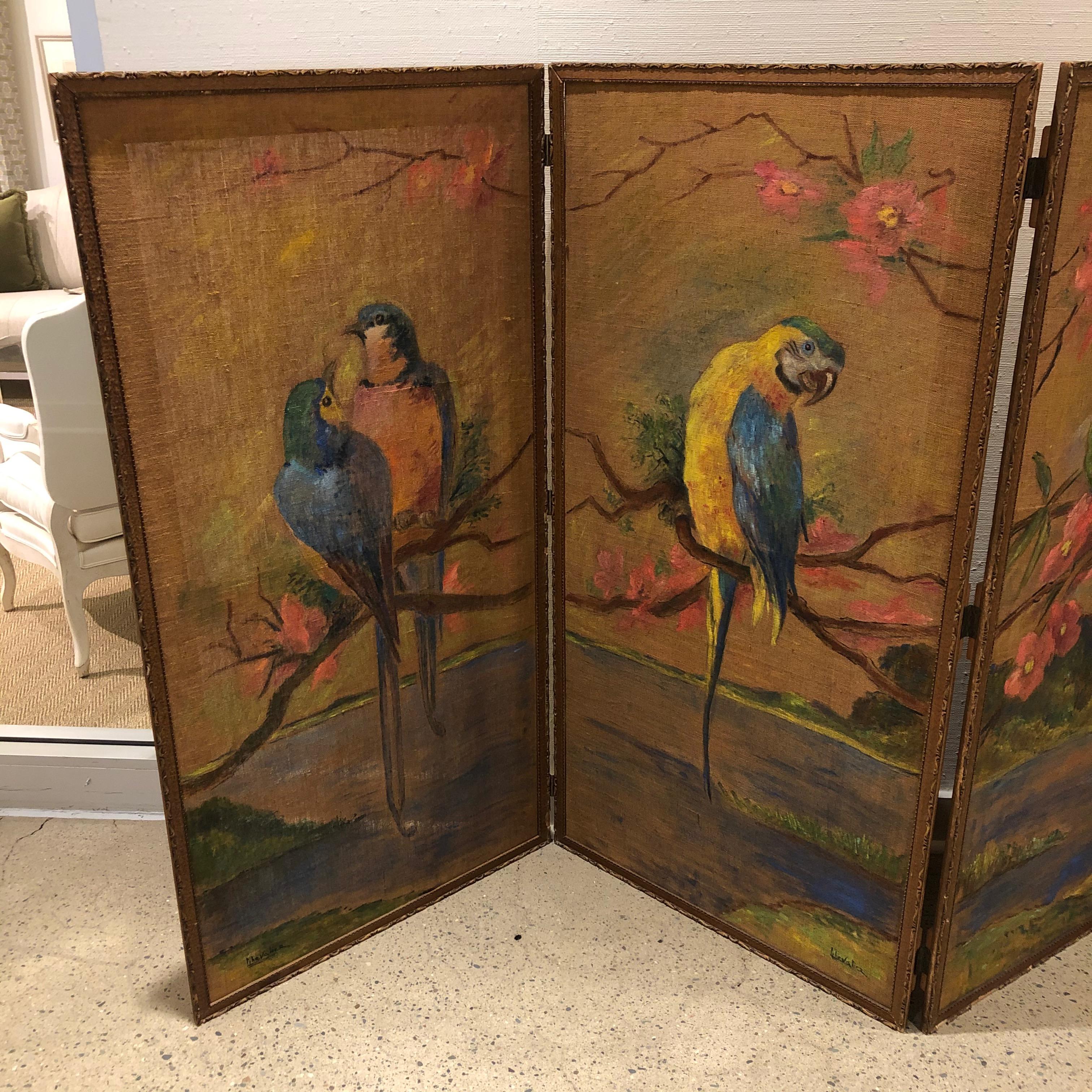 19th Century French Painted Burlap Folding Screen 1