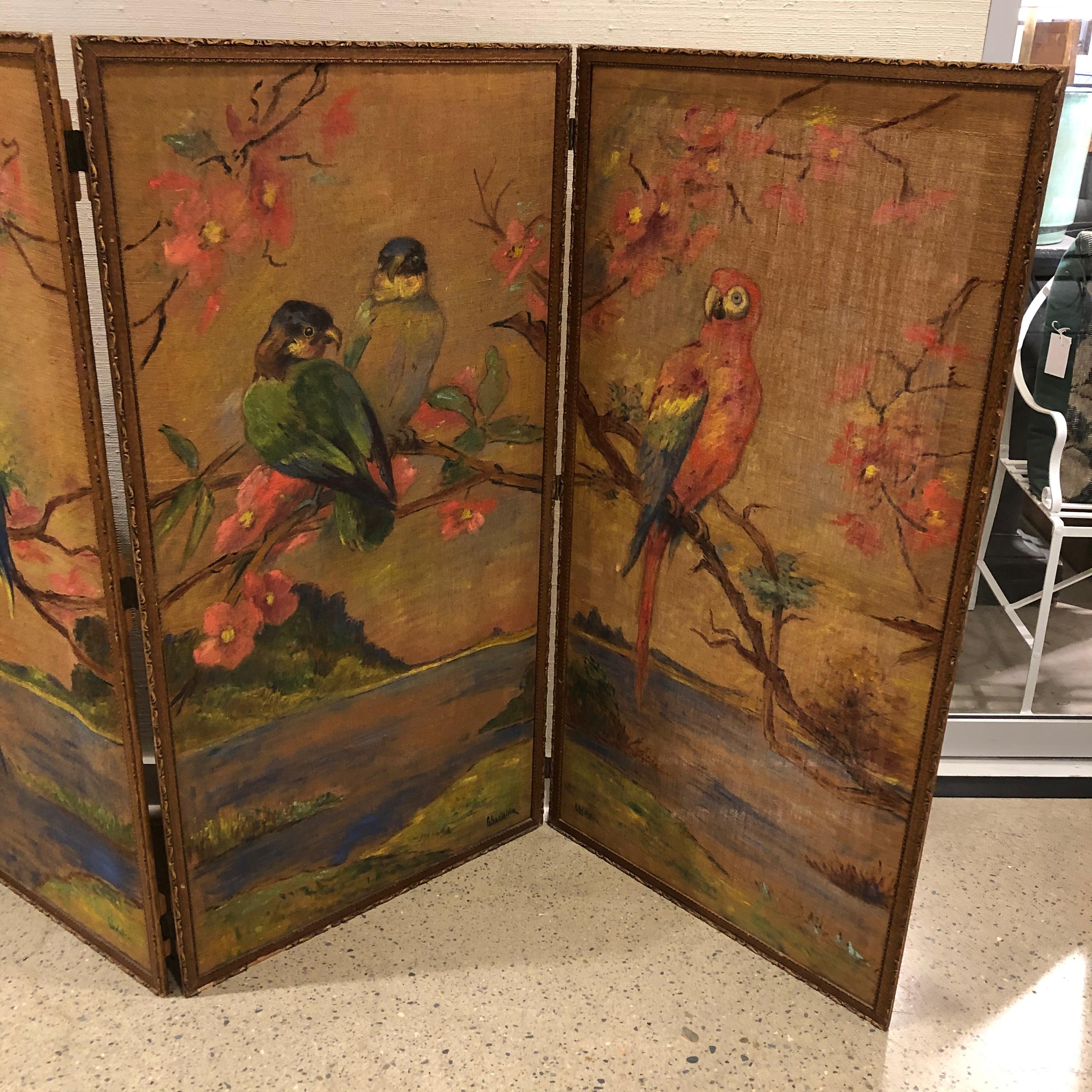 19th Century French Painted Burlap Folding Screen 2