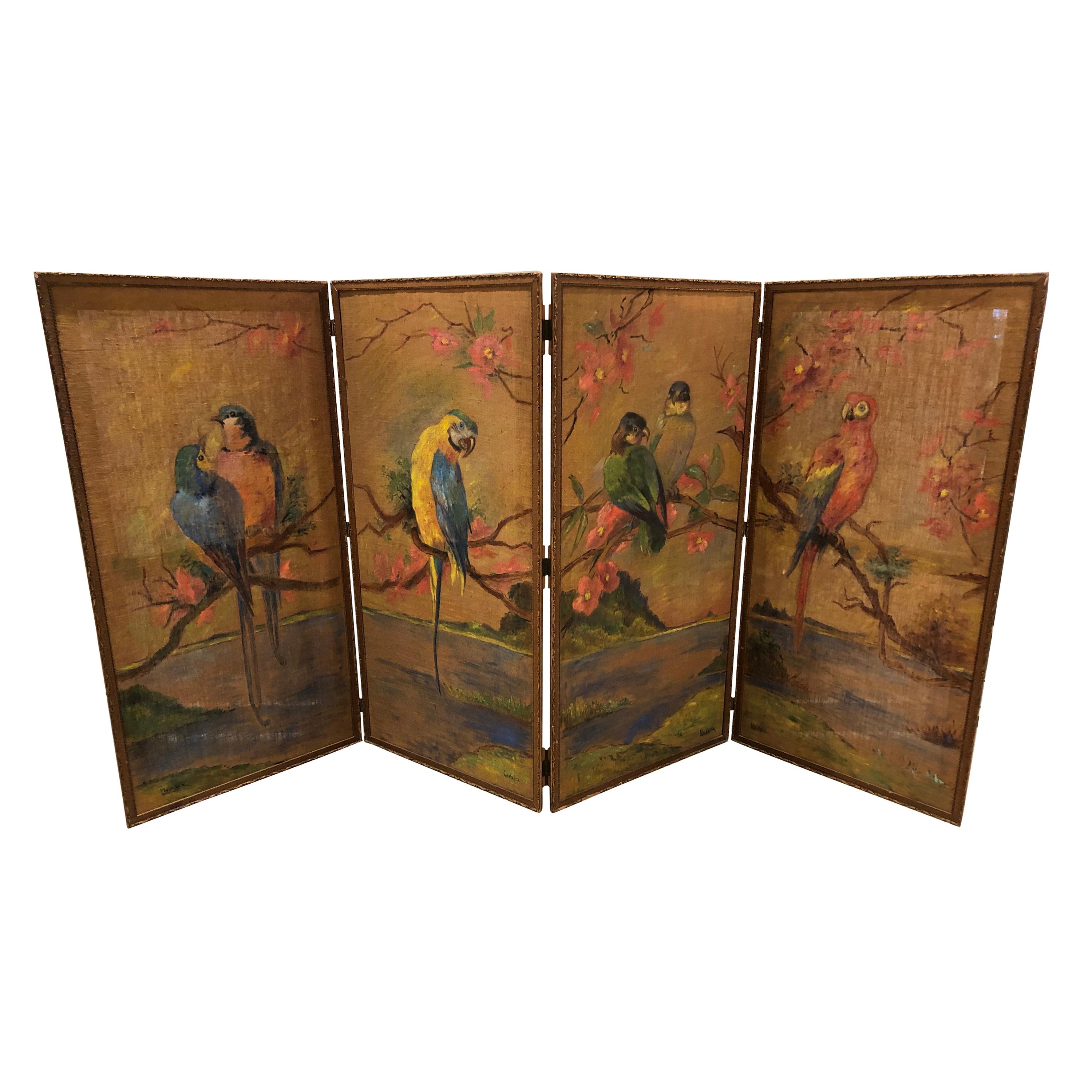 19th Century French Painted Burlap Folding Screen