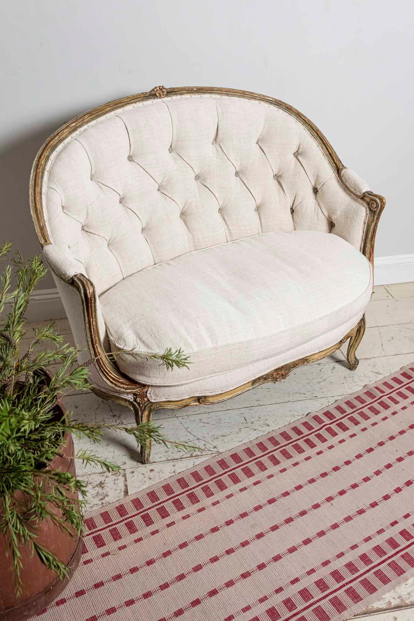 19th Century French Painted Button Backed Linen Two-Seat Carved Curved Sofa 11