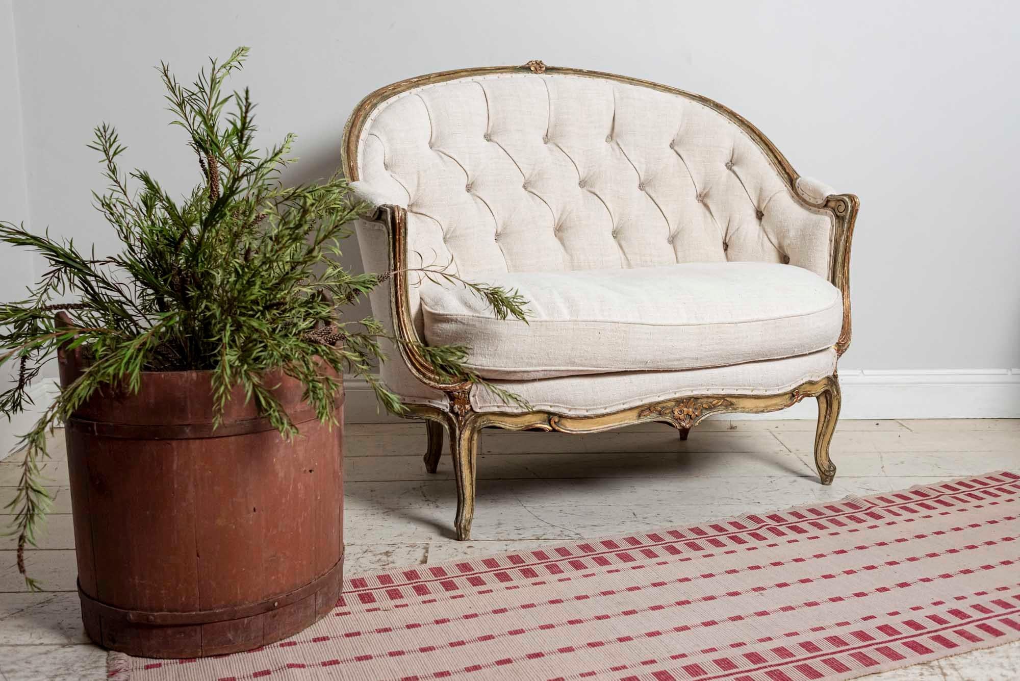 19th Century French Painted Button Backed Linen Two-Seat Carved Curved Sofa 12