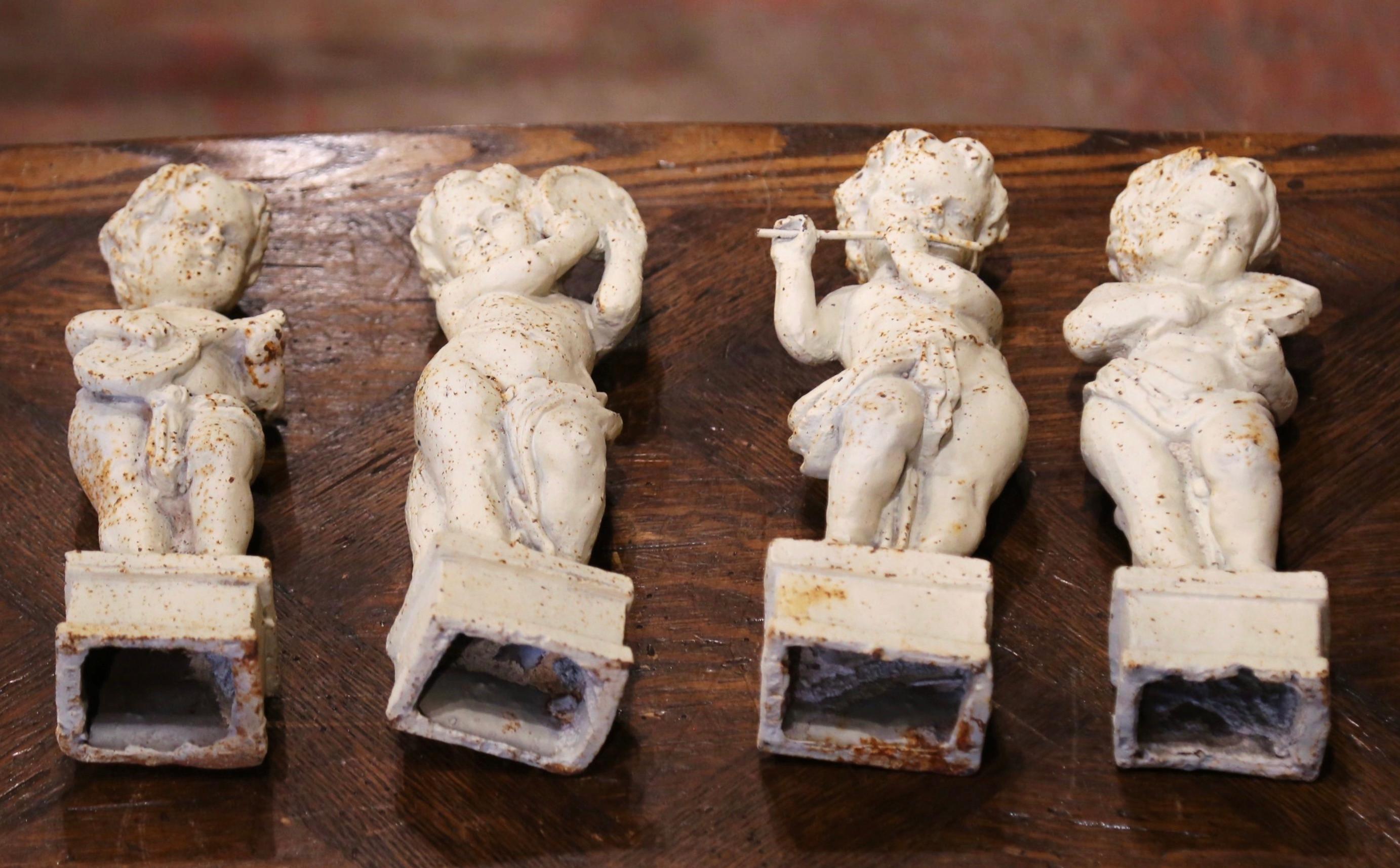 19th Century French Painted Cast Iron Musical Angelic Cherubs, Set of 4 For Sale 12