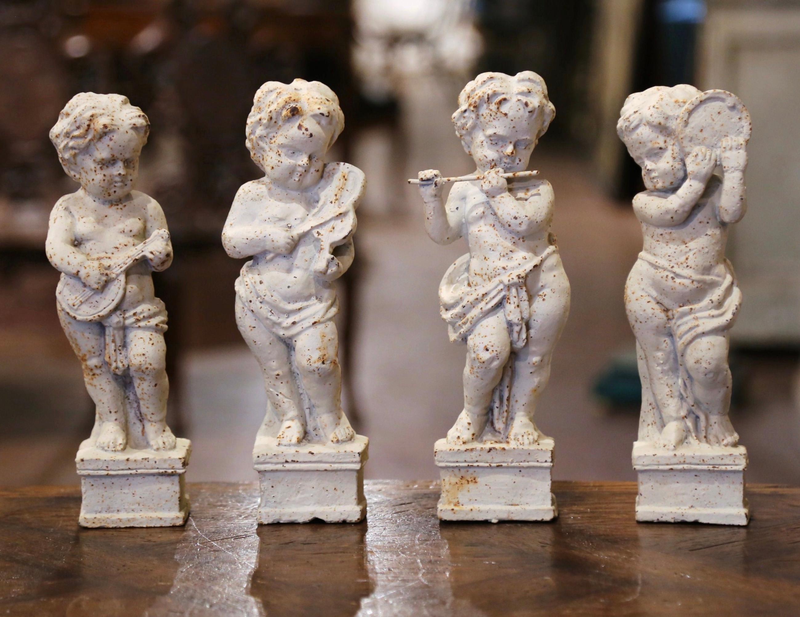 Hand-Painted 19th Century French Painted Cast Iron Musical Angelic Cherubs, Set of 4 For Sale