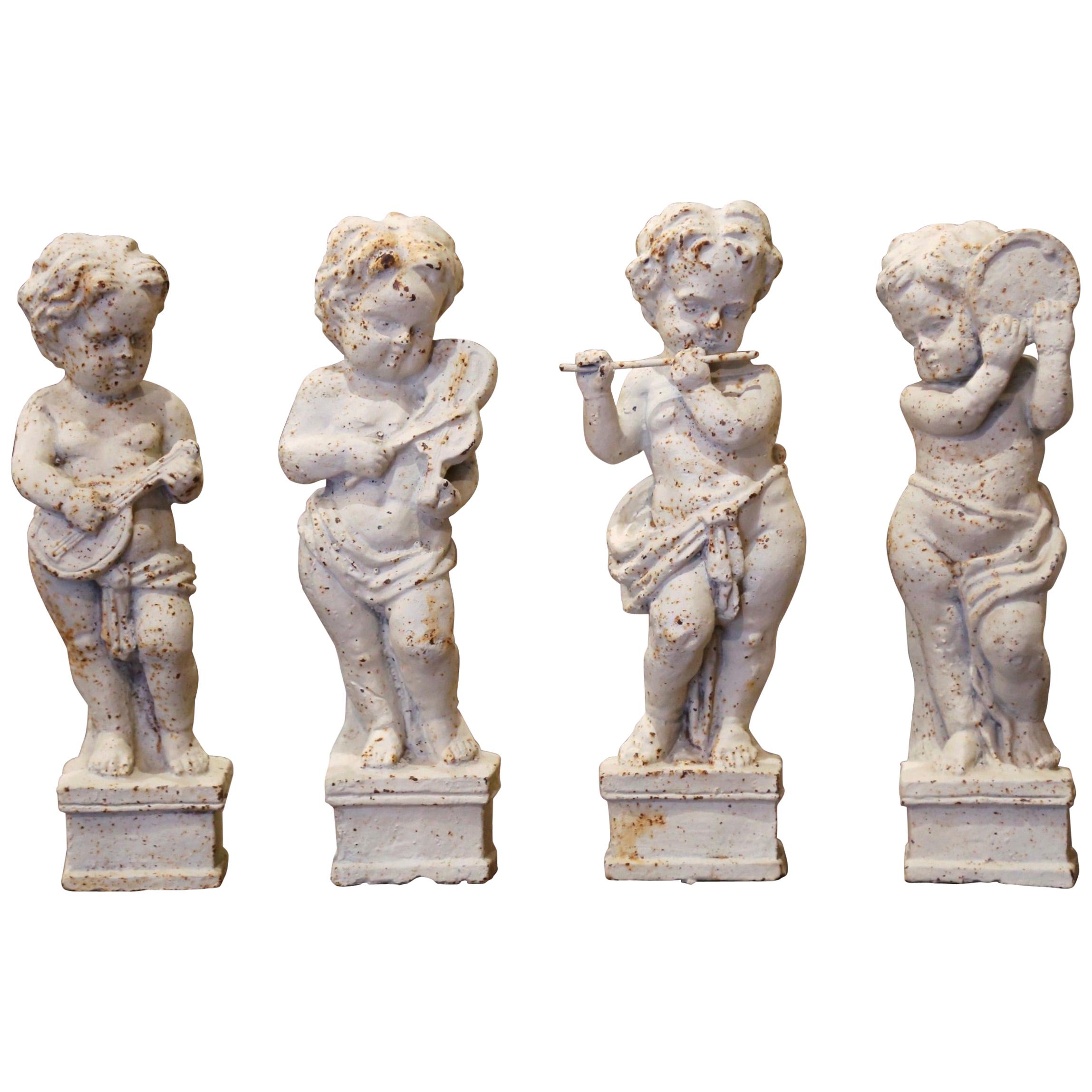 19th Century French Painted Cast Iron Musical Angelic Cherubs, Set of 4