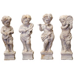 Antique 19th Century French Painted Cast Iron Musical Angelic Cherubs, Set of 4