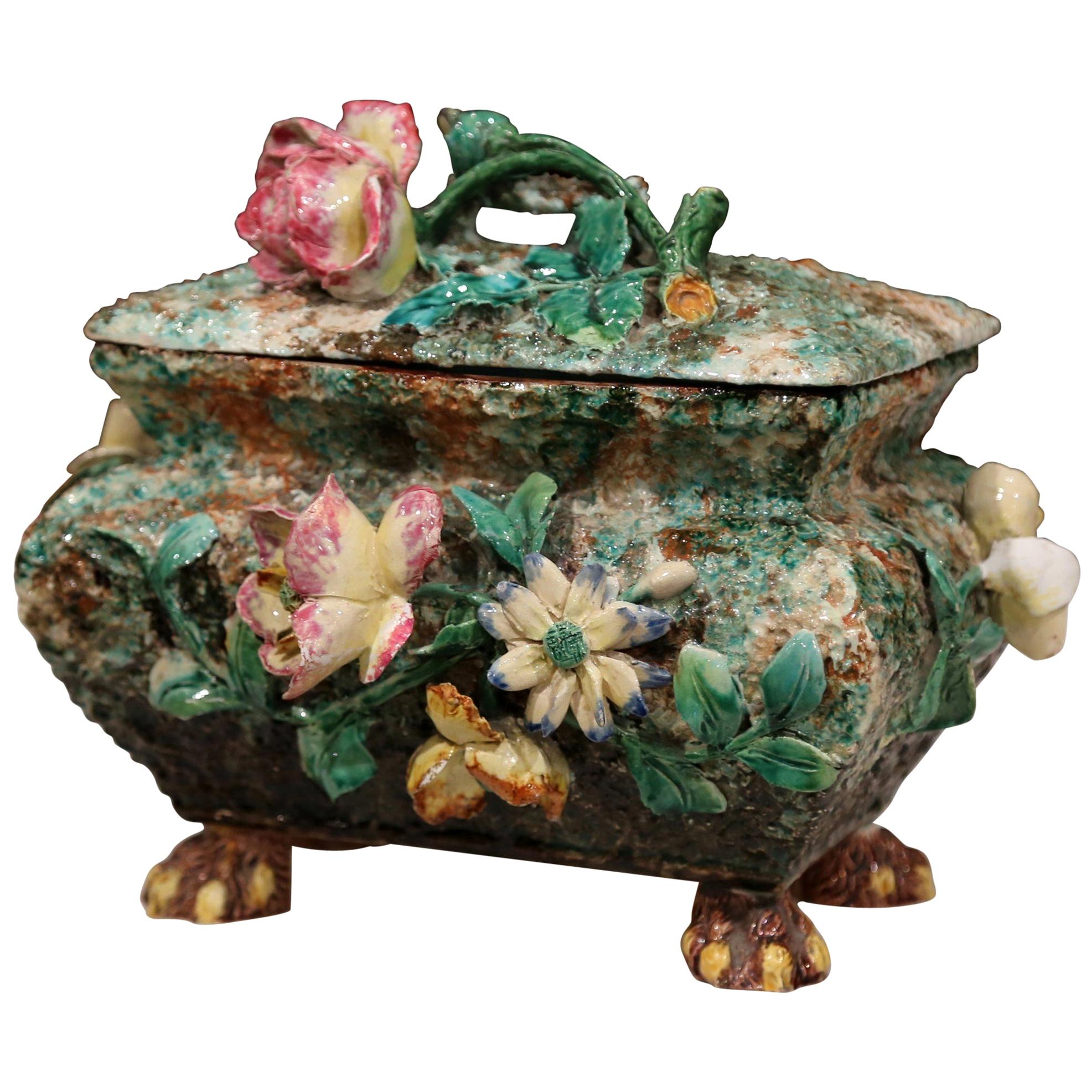19th Century French Painted Ceramic Barbotine Box with Floral Motif