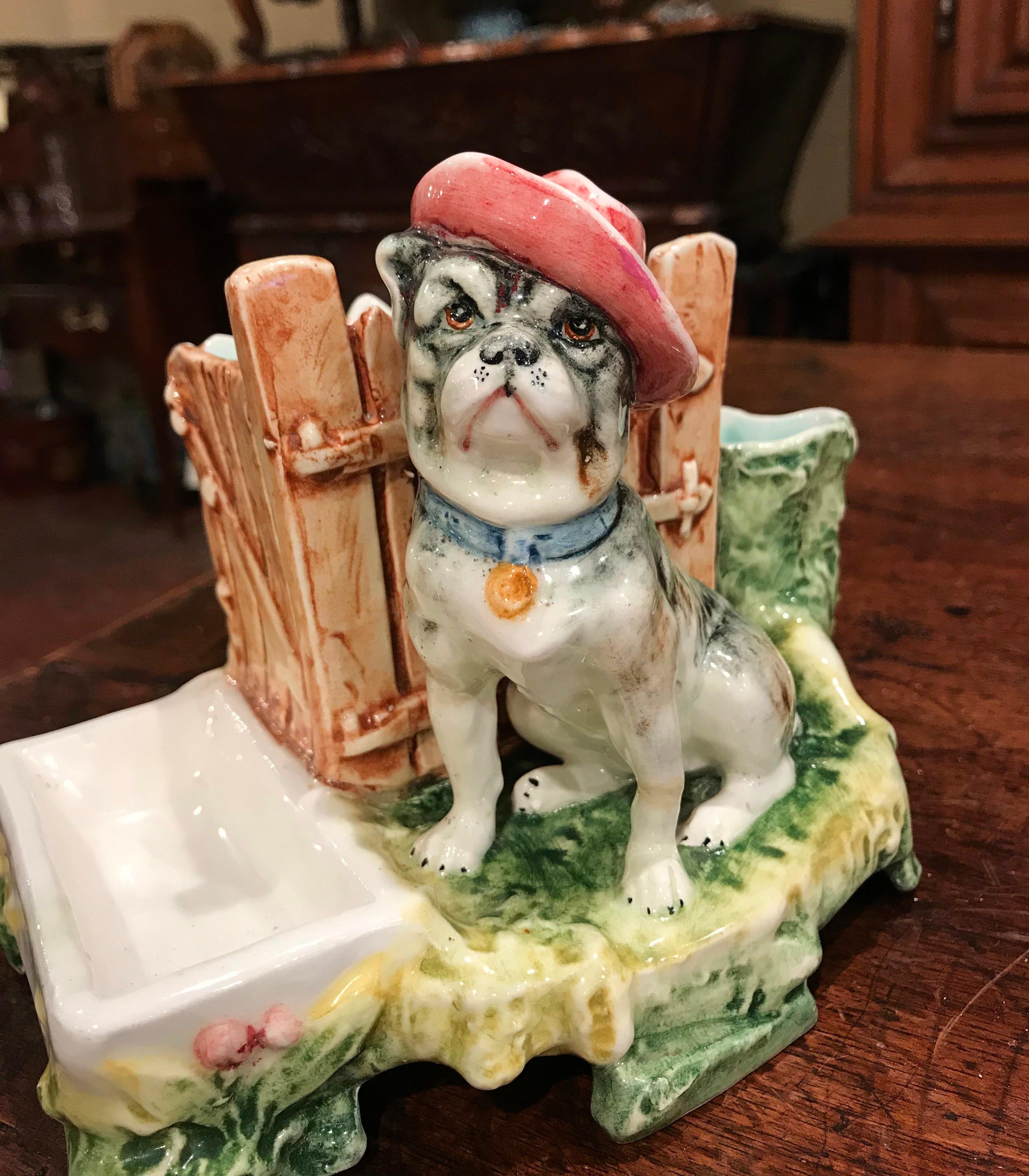 Hand-Crafted 19th Century French Painted Ceramic Barbotine Bulldog Mantel Match Safe