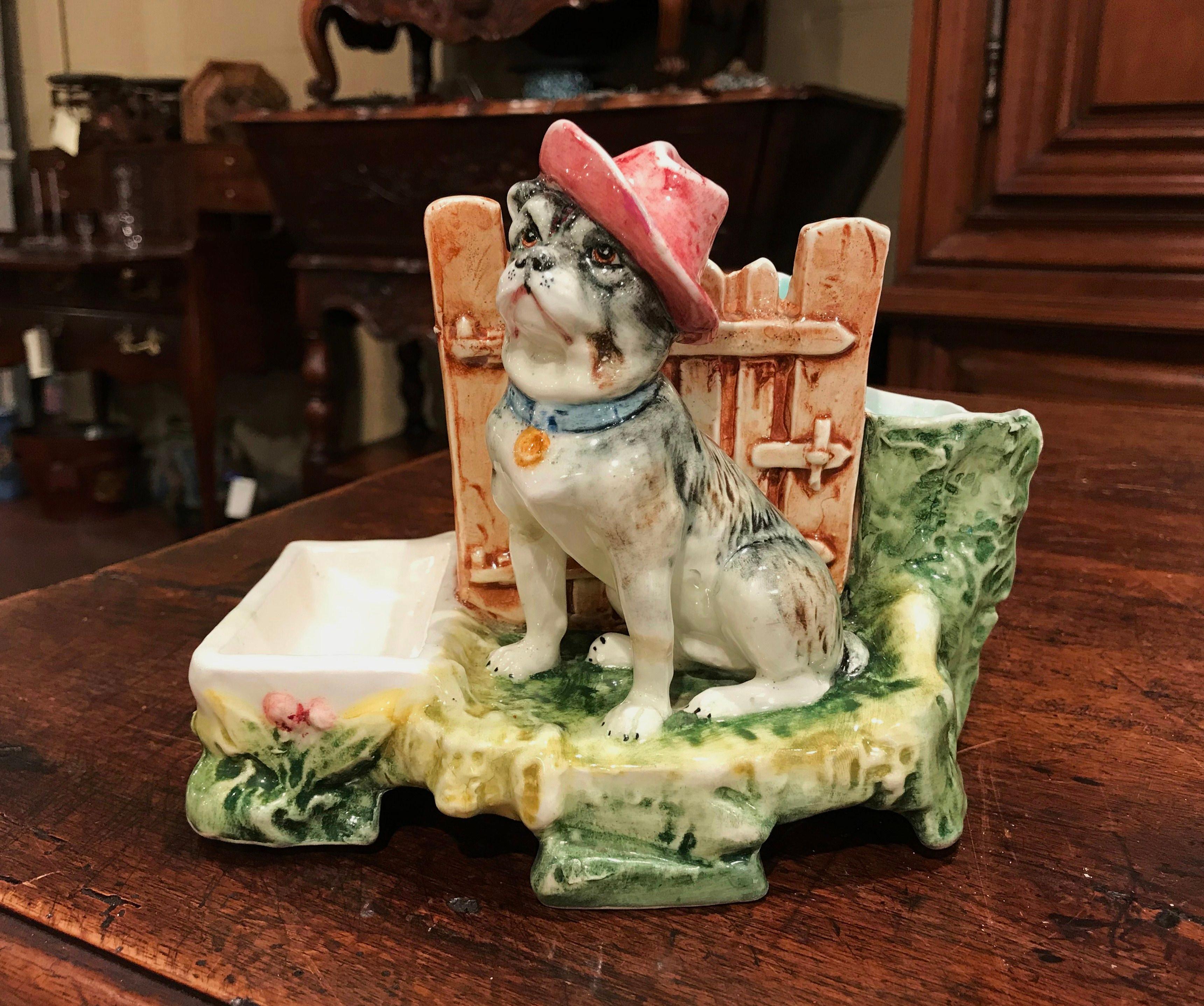 19th Century French Painted Ceramic Barbotine Bulldog Mantel Match Safe In Excellent Condition In Dallas, TX