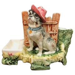 Antique 19th Century French Painted Ceramic Barbotine Bulldog Mantel Match Safe