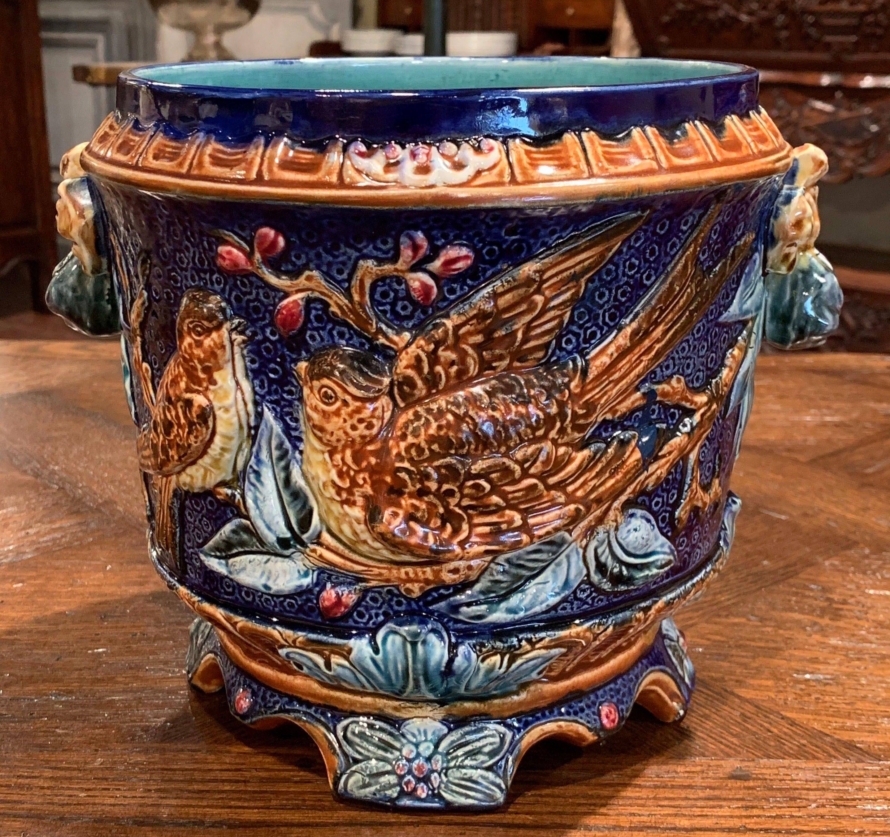 Hand-Crafted 19th Century French Painted Ceramic Barbotine Cache Pot with Doves and Foliage