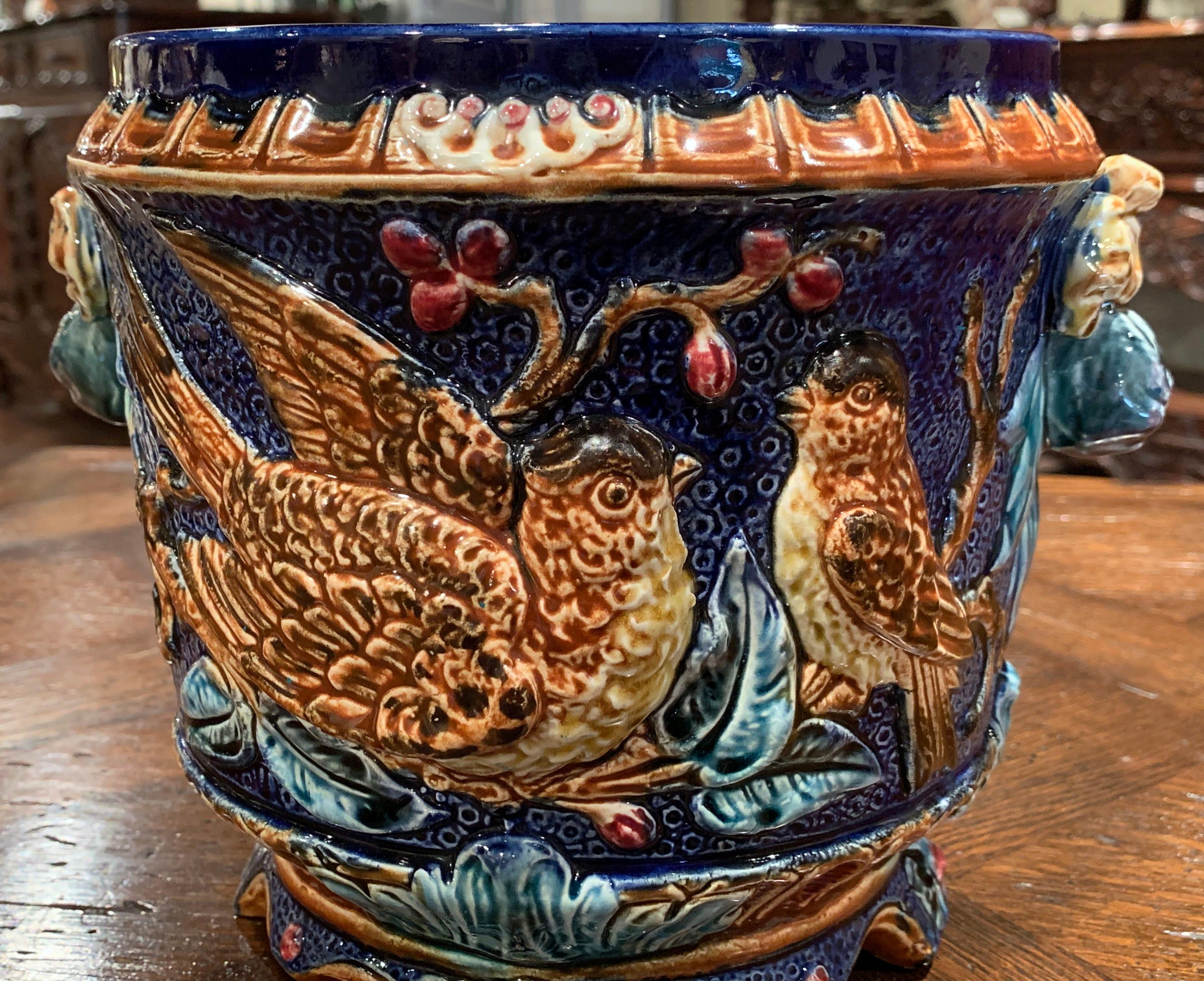 19th Century French Painted Ceramic Barbotine Cache Pot with Doves and Foliage 3